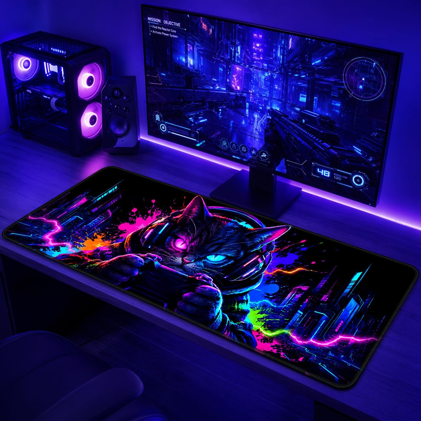 Simpkeely Blacklight Cat Large Gaming Mouse Pad for Desk, Keyboard Mat