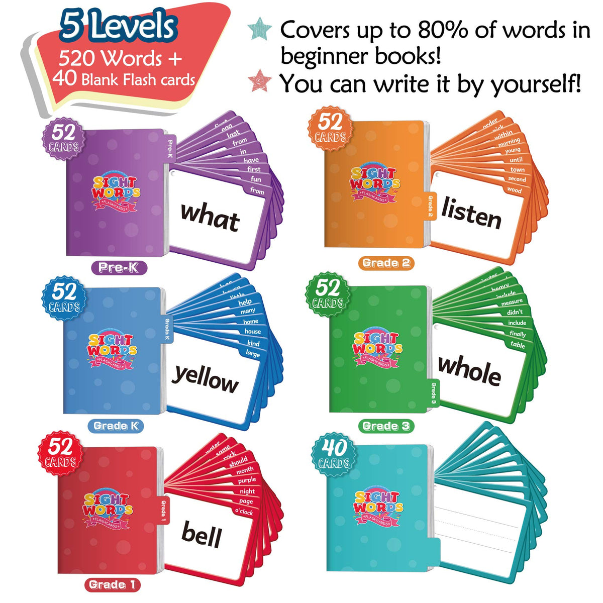 Torlam 520 Sight Words Flash Cards Kindergarten Homeschool Supplies with Card Folders & Rings