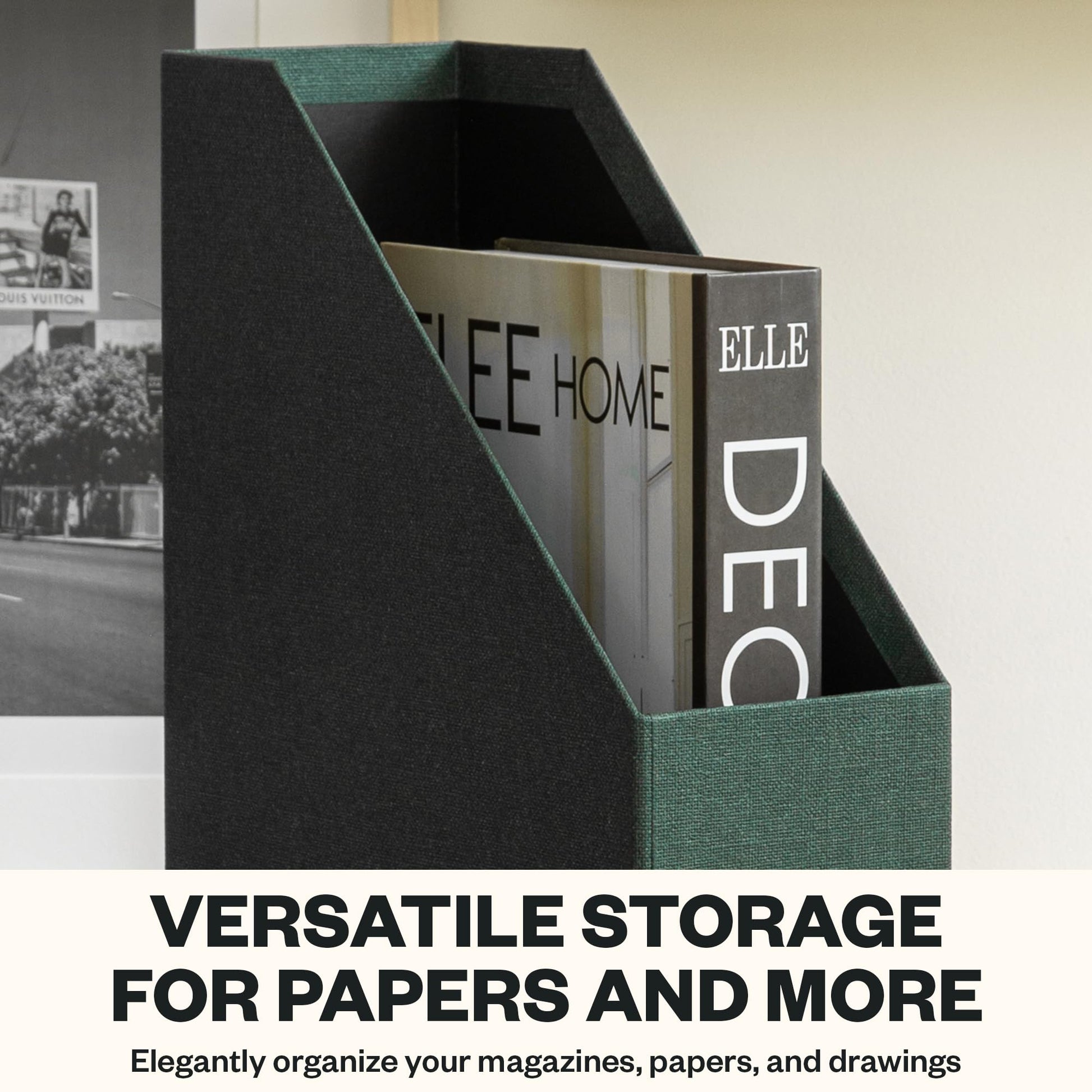 Bigso Estelle Fibreboard Magazine Holder with Leather Handle - Magazine File Holder and Organizer