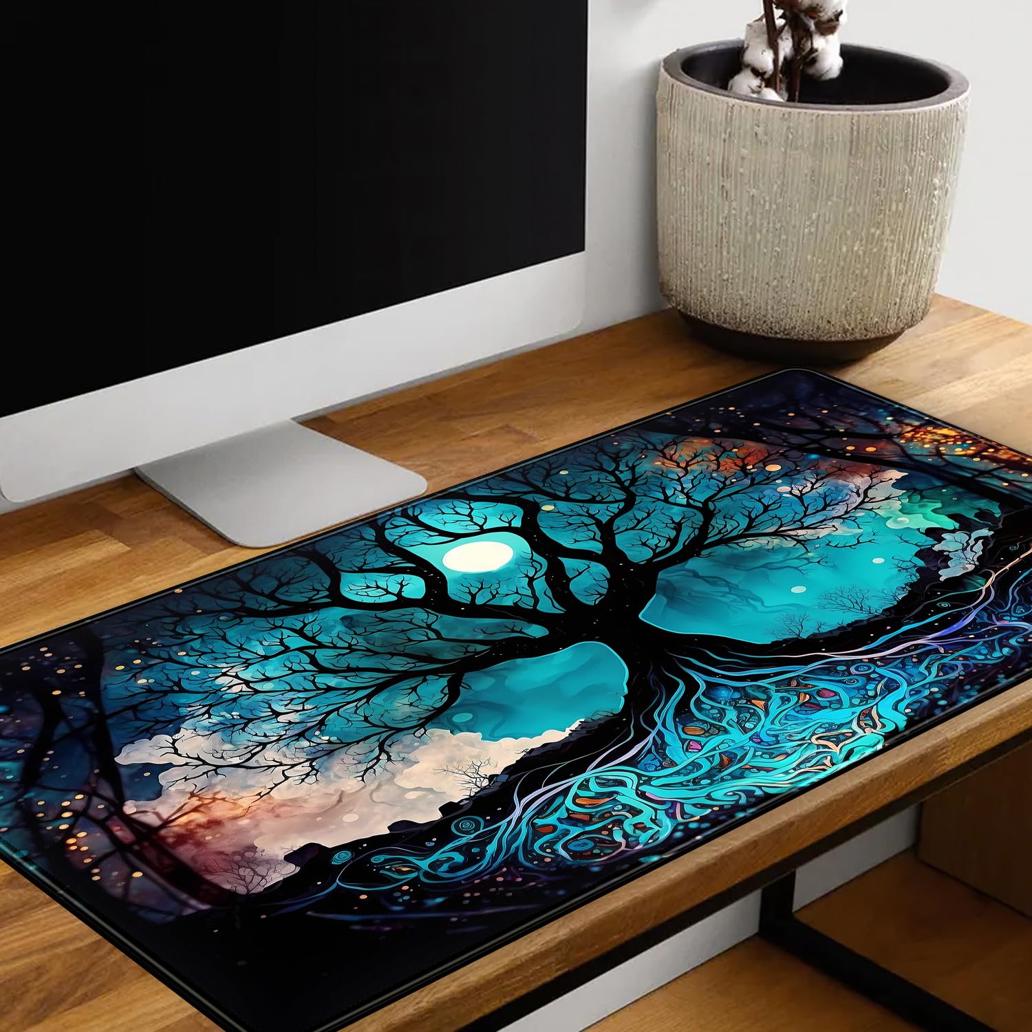 Vintage Blue AI Original Desk Mat Life Tree Aesthetics Desk Pad Large Flower Mouse Pad XXL Plant