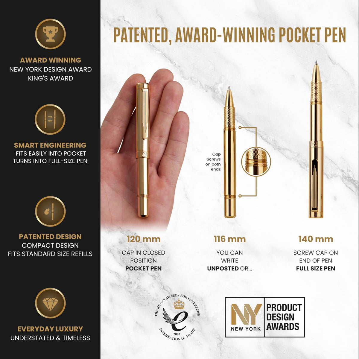 Scriveiner Heavy Gold Rollerball Pen, Award Winning Luxury Pocket Pen with gold plating Finish