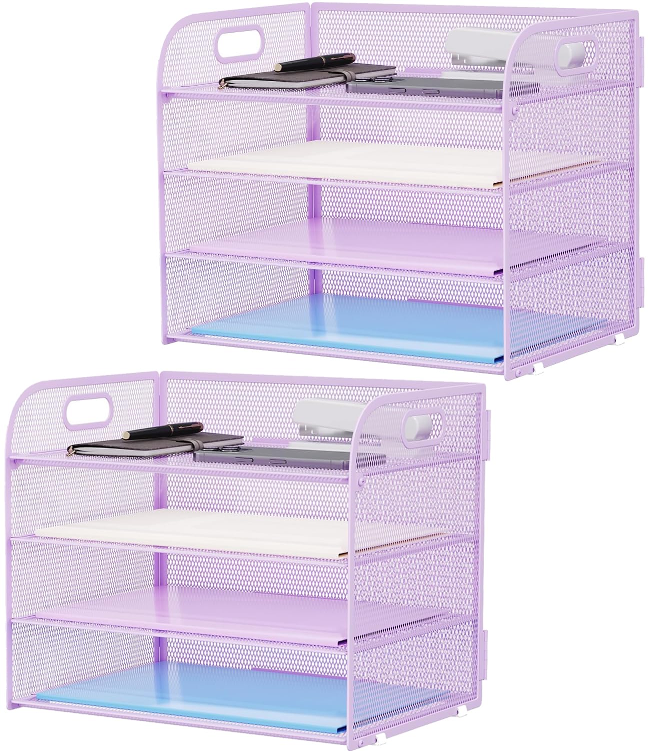 Marbrasse 2 Pack 4 Tier Paper Organizer Letter Tray - Mesh Desk File Organizer with Handle, Paper
