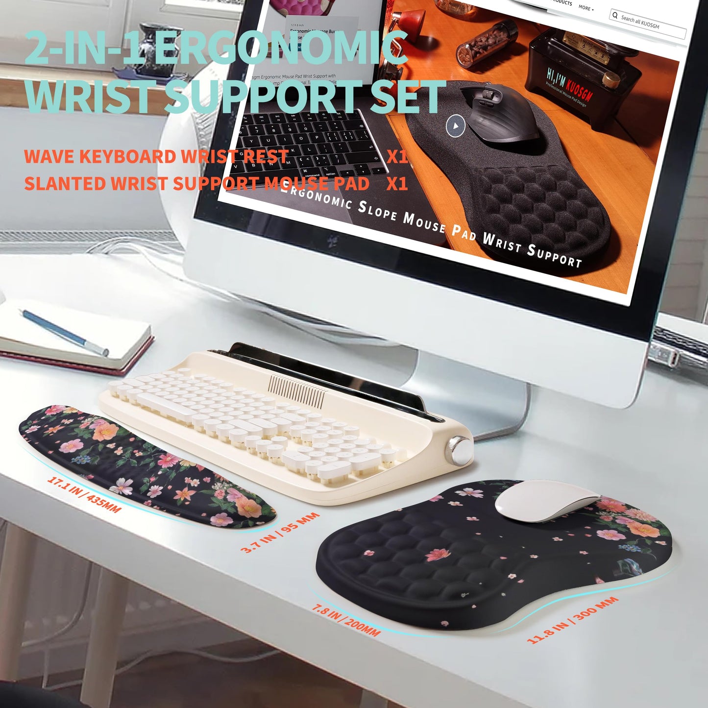 KUOSGM 2-in-1 Ergonomic Set, Wave Rise Keyboard Wrist Rest and Massage Bulge Slope Mouse Pad Wrist