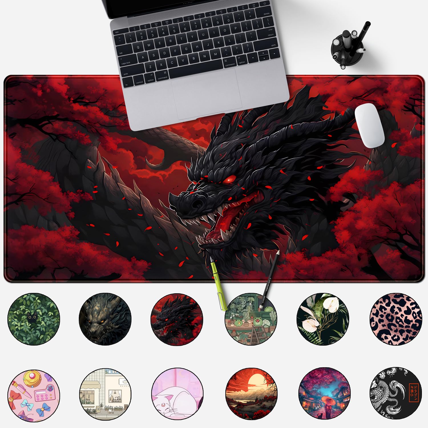 Huge Dragon Large Mouse Pad - Red and Black Mousepad, Big Full Keyboard and Mouse Pad with Stitched