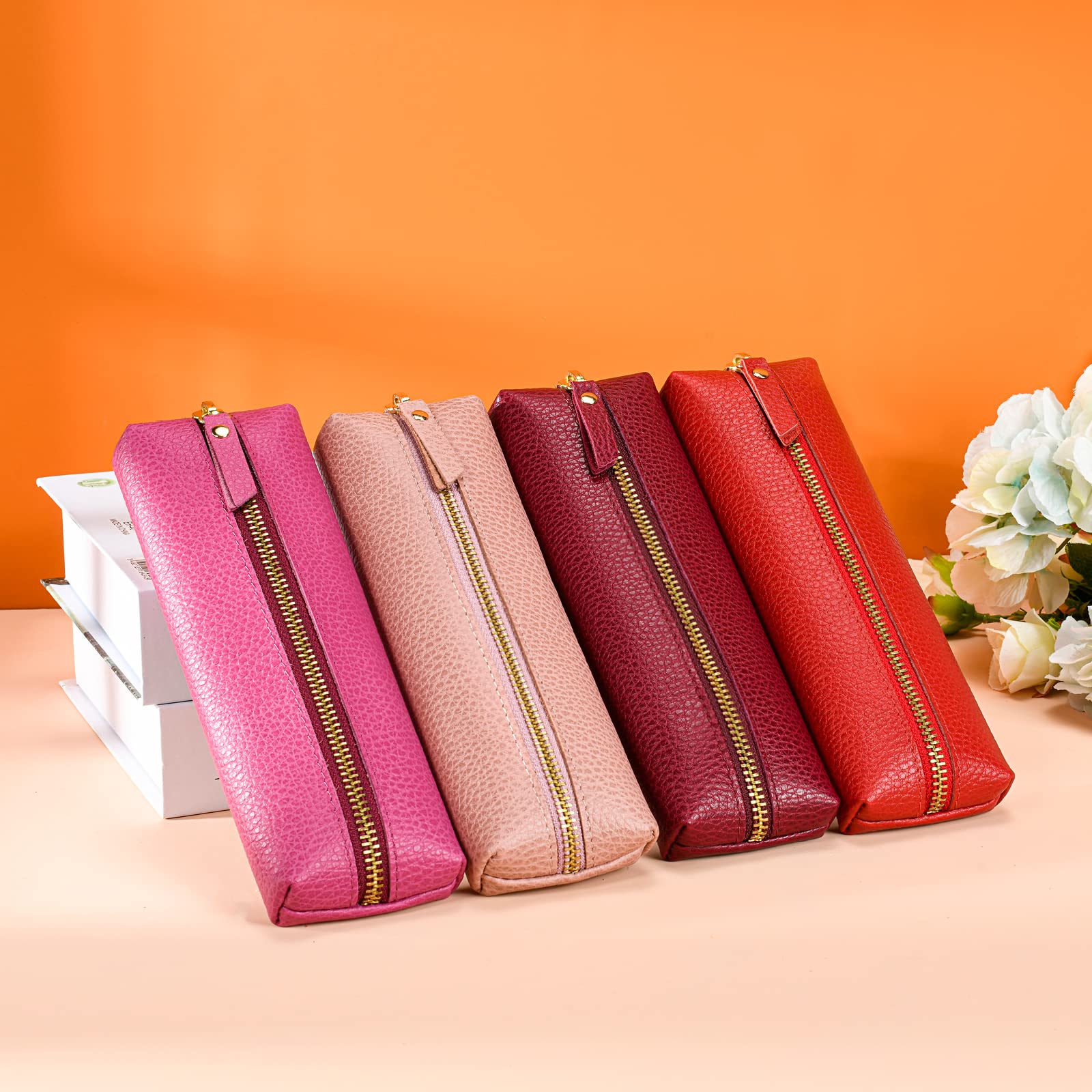 Sluxa Genuine leather pen case, Cowhide pencil pouch with zipper, Soft black pen bag for adults.