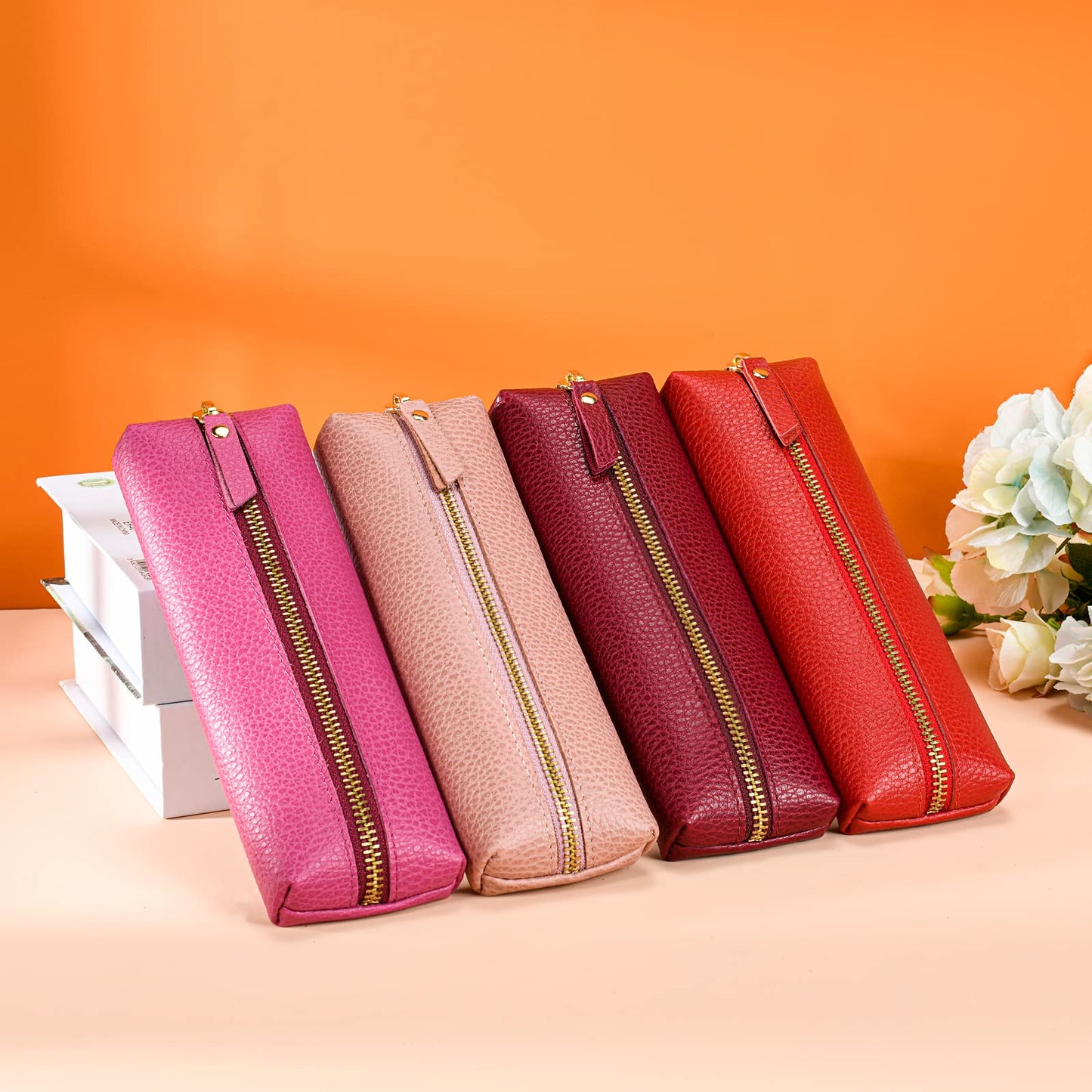 Sluxa Pink Genuine leather case, Pen organizer for adults, Small pencil case for women.
