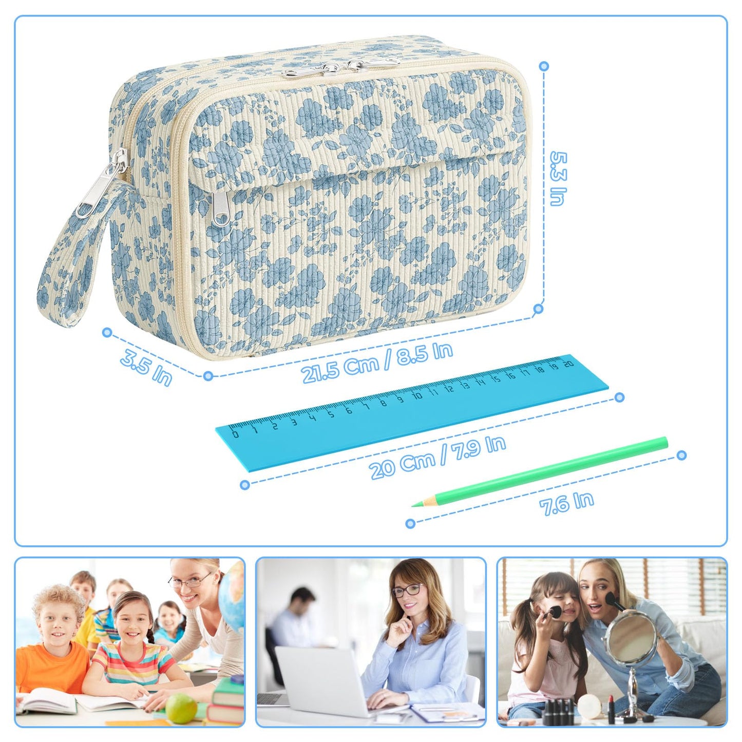 WOBAGMEN Cute Pencil Case,Large Corduroy Zippered Pencil Case Pouch, aesthetic Pencil Bag with