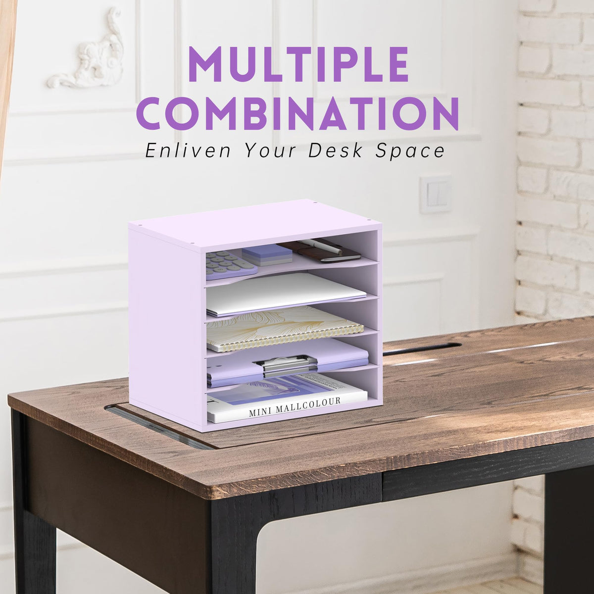 5 Tier Wood Desk Organizer, Paper Organizer for Desk, Purple