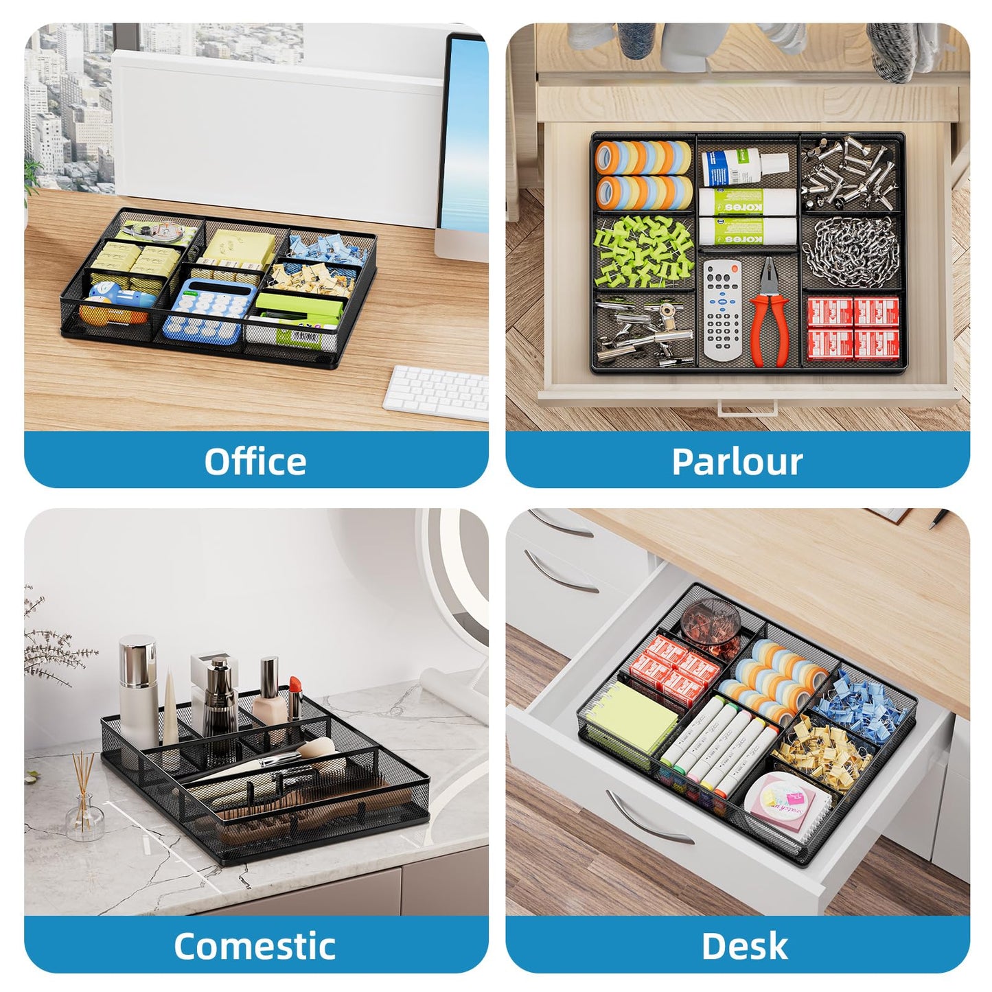 Marbrasse Desk Drawer Organizer, Metal Mesh Drawer Organizer Tray with 5 Adjustable