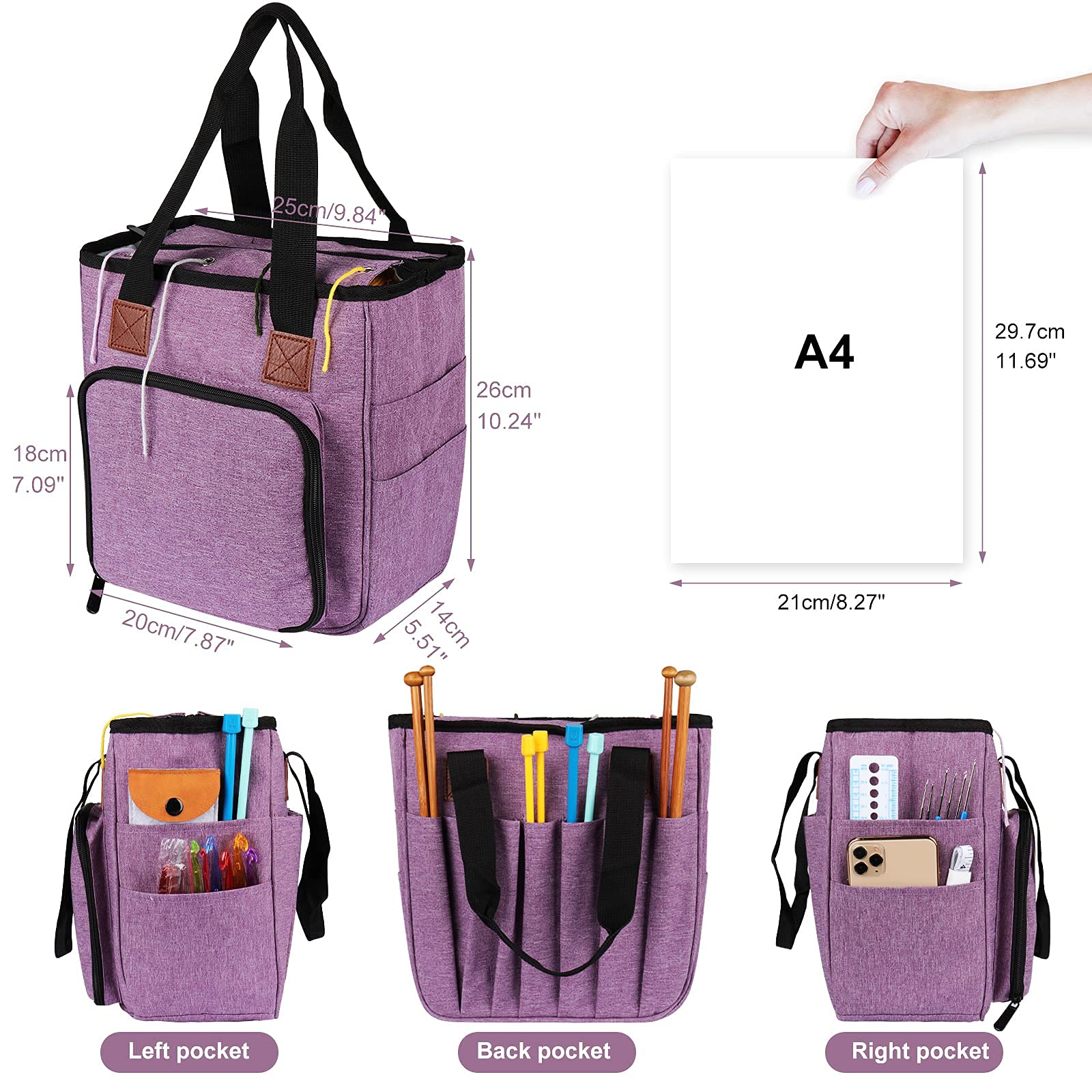 Coopay Crochet Bag w/Shoulder Strap, Yarn Storage Knitting Tote Bag-Purple