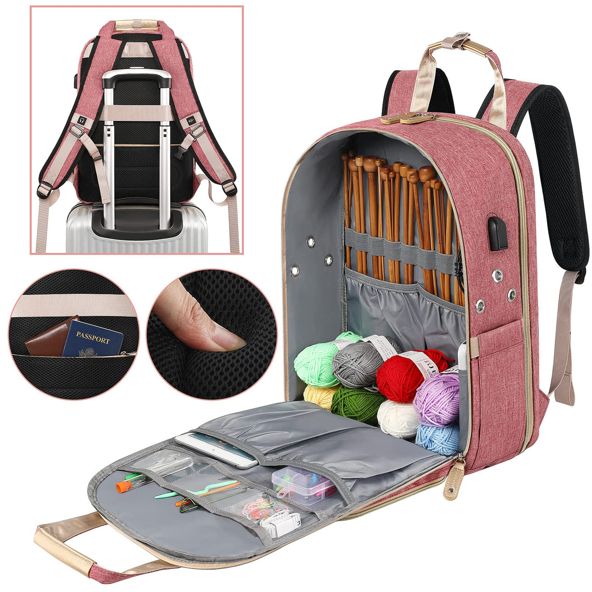 Crochet Bag, Knitting Bag Backpack and Totes Organizer with USB Charging Port, Large Yarn Storage