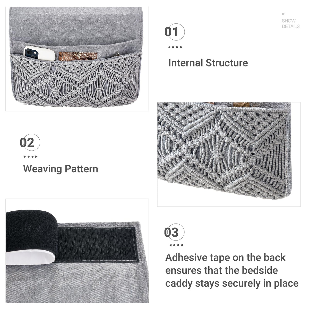 Mkono Macrame Bedside Caddy, Boho Bed Storage Organizer, 4 Pockets Grey