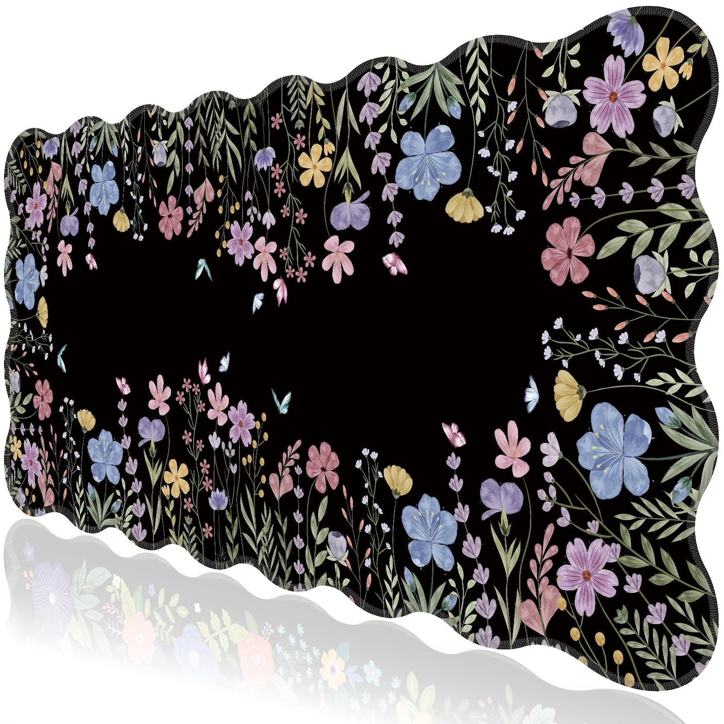 L-SPOUTTO Black Floral Mouse Pad,Scalloped Desk Mat XXL Gaming Mousepad