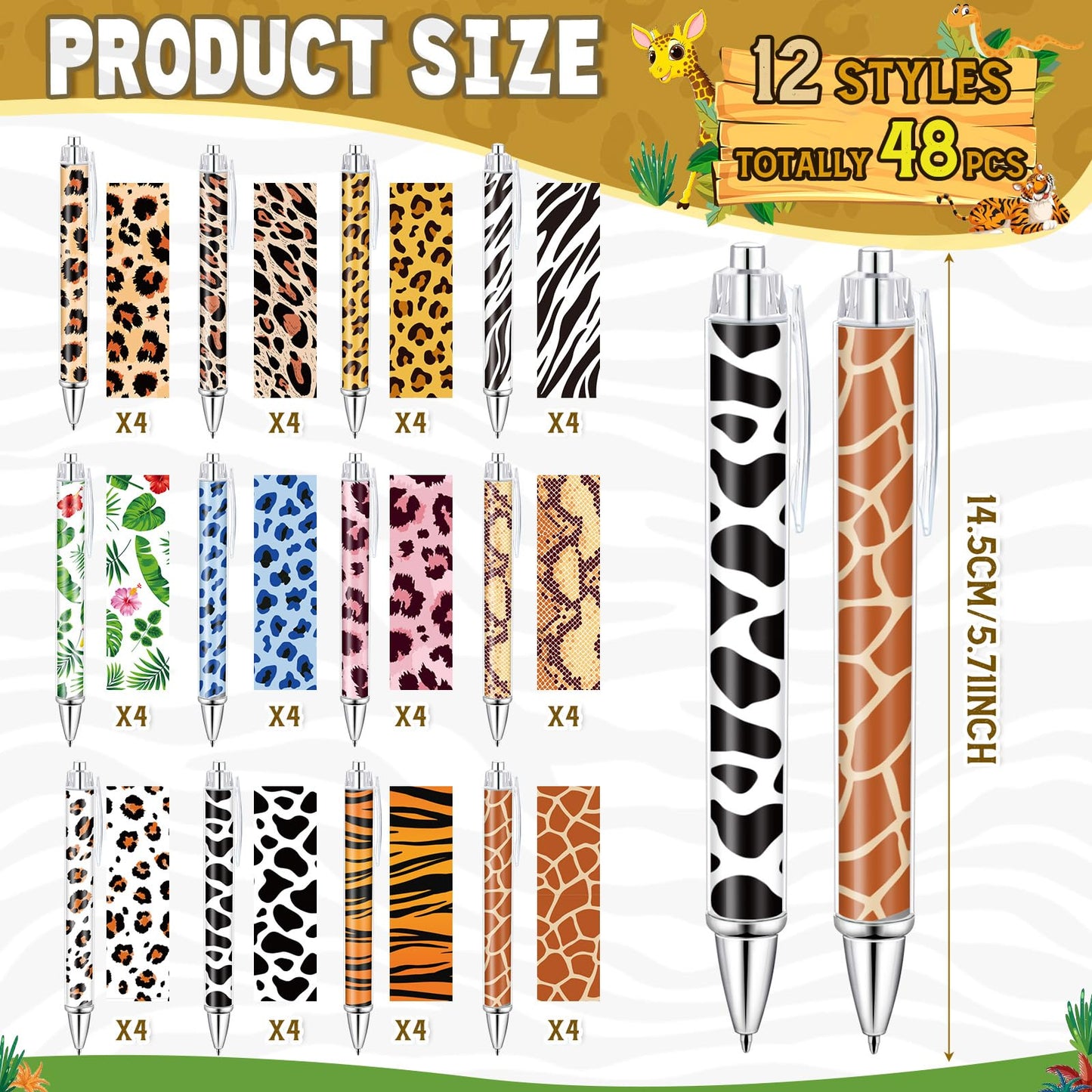 Dispowreath 48 Pcs Animal Print Pens Safari Jungle Cheetah Ink Pens