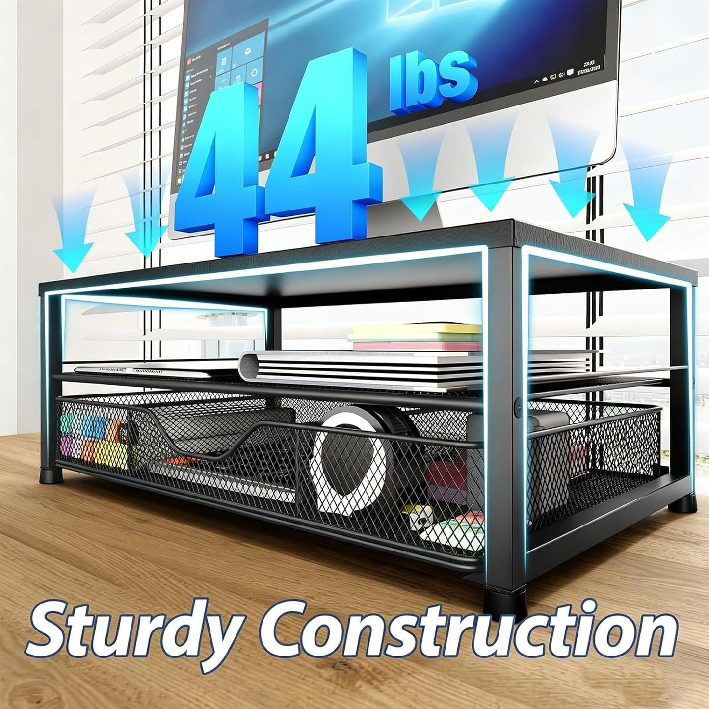 OPNICE Desk Organizer and Accessories, 2-Tier Computer Monitor Stand Riser with Drawer and 2 Pen