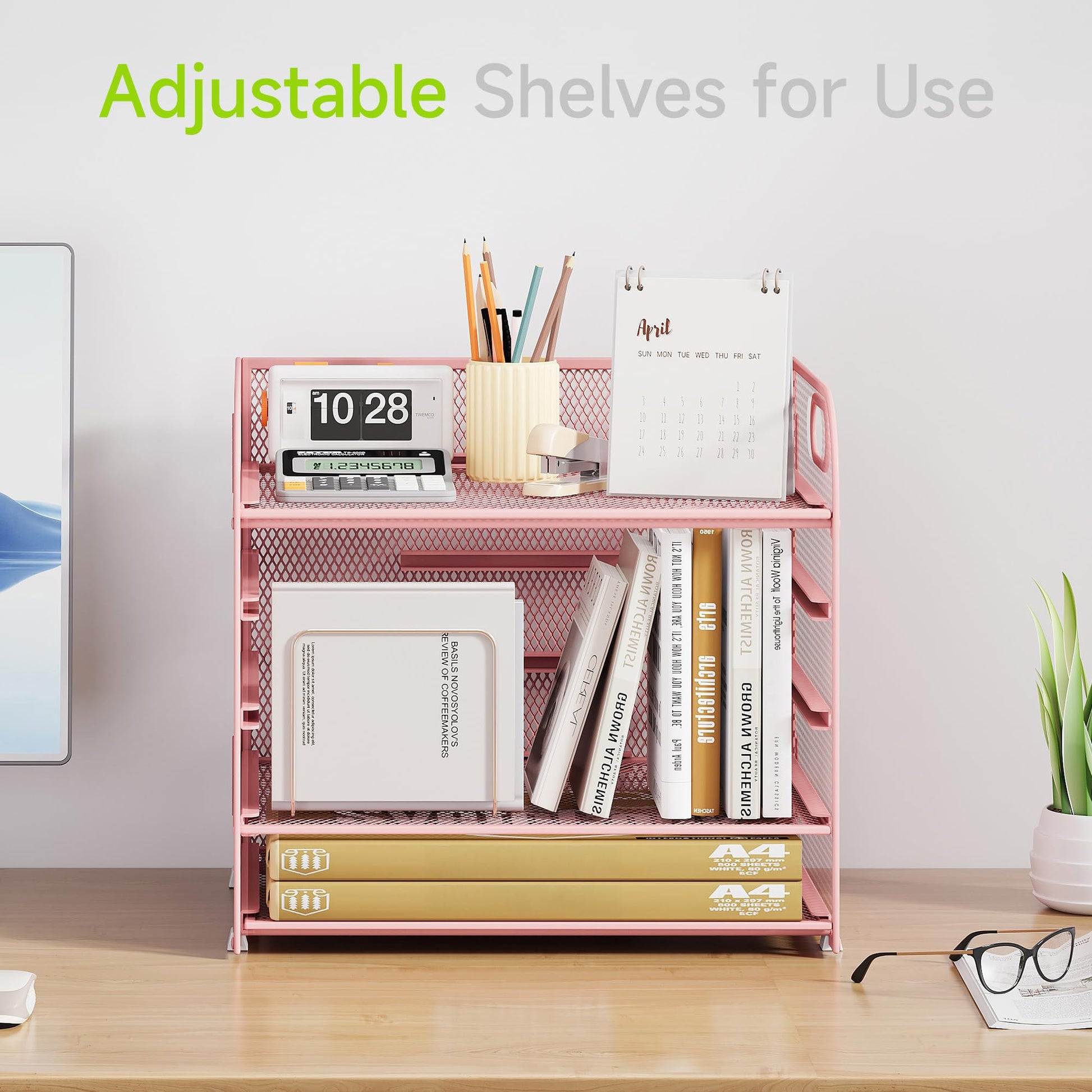 Cawukege 5 Tier Paper Organizer with Handle, Pink Metal Mesh Desk Organizer File Folder Paper