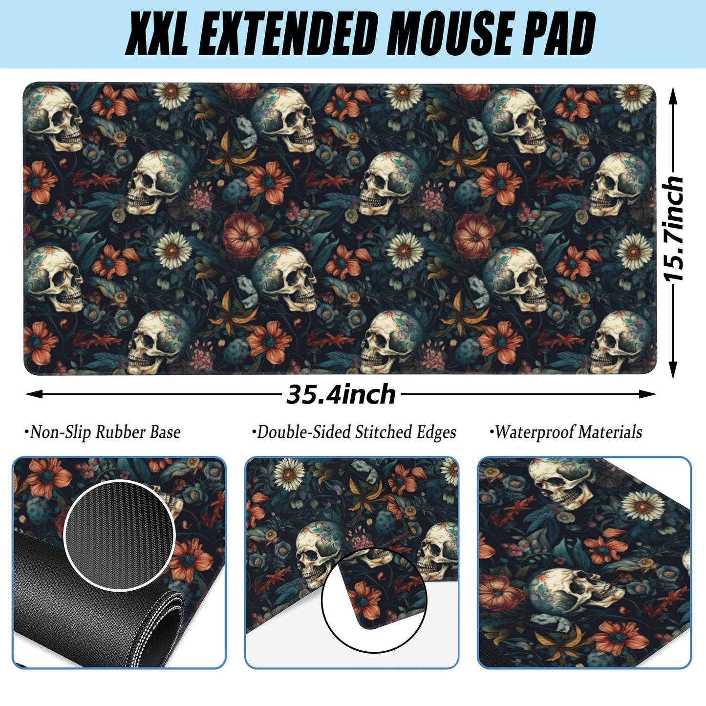 Desk Mat,Skulls with Flowers Large Gaming Mouse Pad for Desk XXL,Skull Floral Desk Pad for