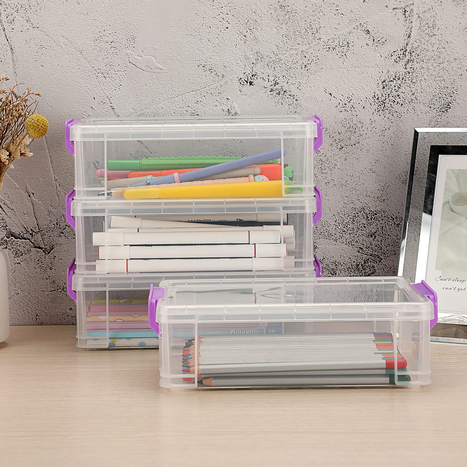 BTSKY 4 Pack Extra Large Plastic Pencil Box Stackable, Translucent, Purple