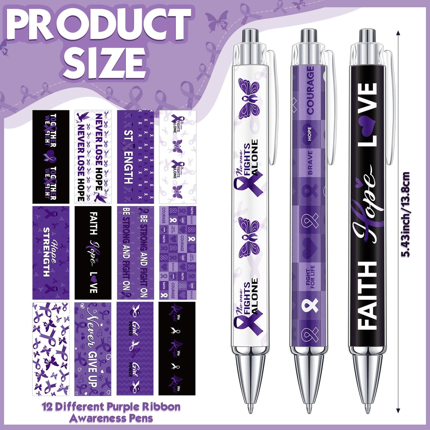 Cholemy 96 Pcs Purple Ribbon Awareness Pens Bulk Pancreatic Cancer, Alzheimer s, Lupus, Animal