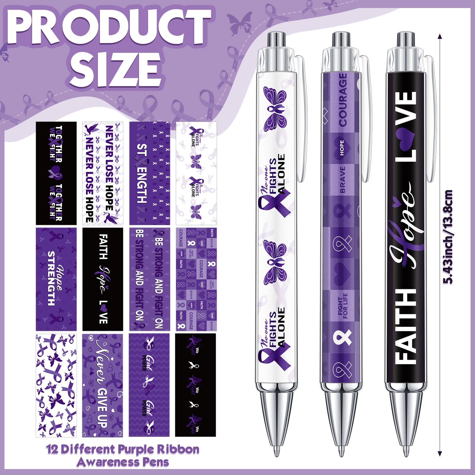 Cholemy 96 Pcs Purple Ribbon Awareness Pens Bulk Pancreatic Cancer, Alzheimer s, Lupus, Animal