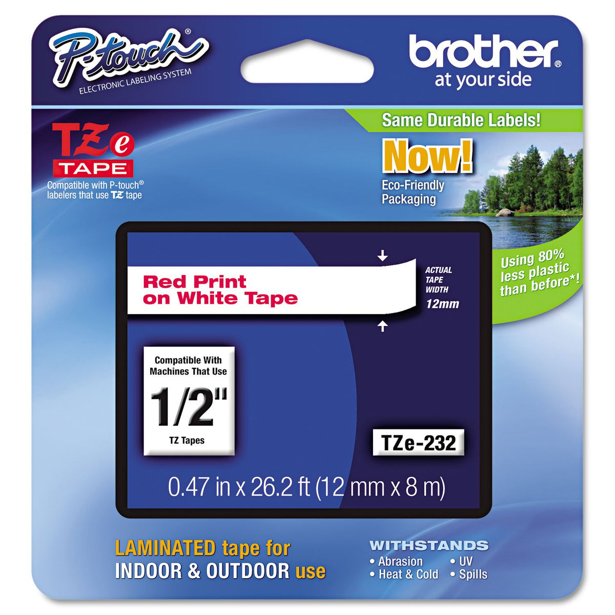 Brother Genuine P-Touch TZE-232 Tape, 1/2" (0.47 mm) Standard Laminated P-Touch Tape, Red on White