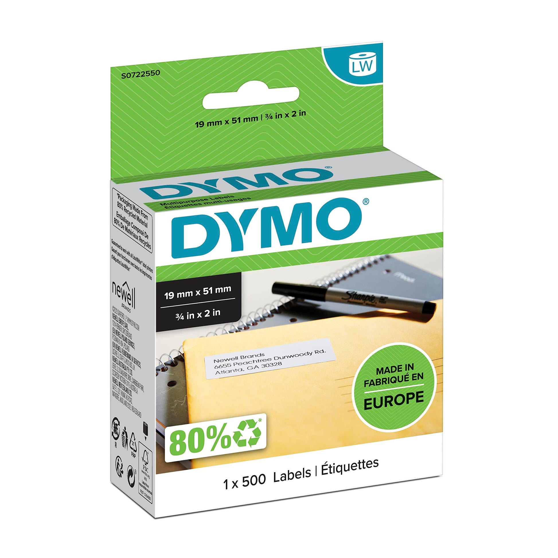 DYMO Authentic LabelWriter Small Multi-Purpose Labels | 19 mm x 51 mm | Self-Adhesive | Roll of 500