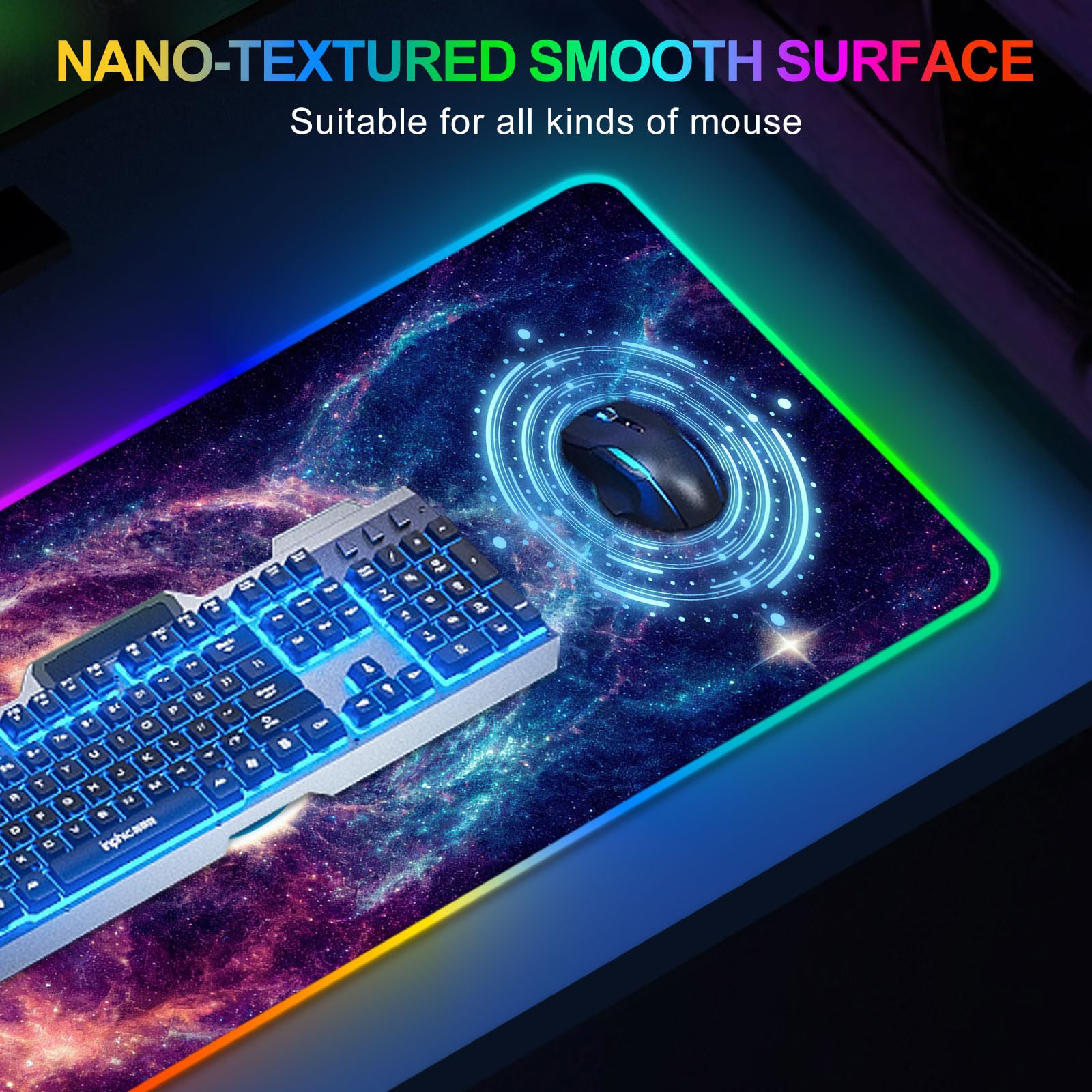 ARTSO RGB Gaming Mouse Pad, Large Mousepad with Led Light, Cosmic Starry Sky Keyboard Pad Gaming