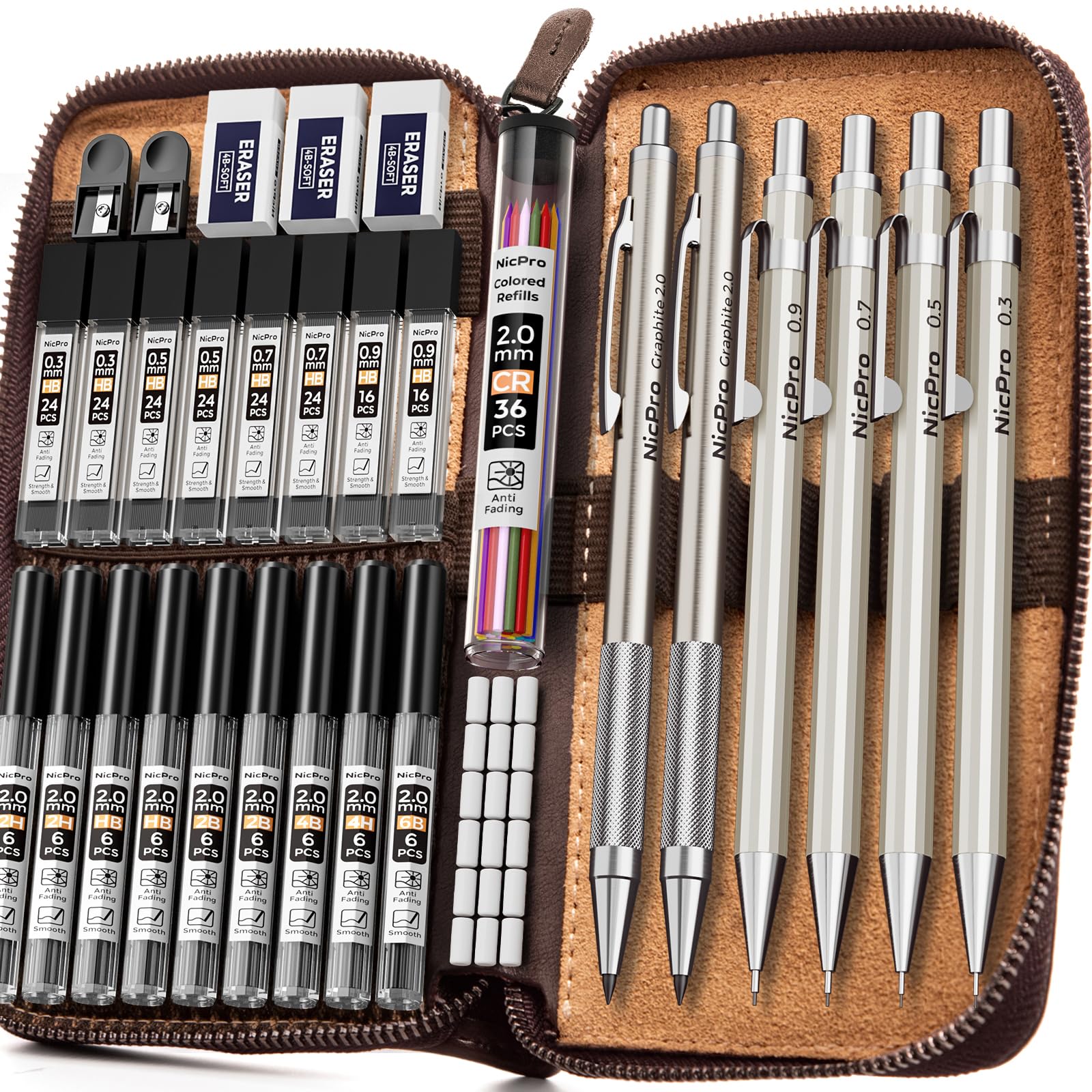 Nicpro 33PCS Metal Mechanical Pencil Set in Leather Case, Art Drafting Pencil 0.3, 0.5, 0.7, 0.9