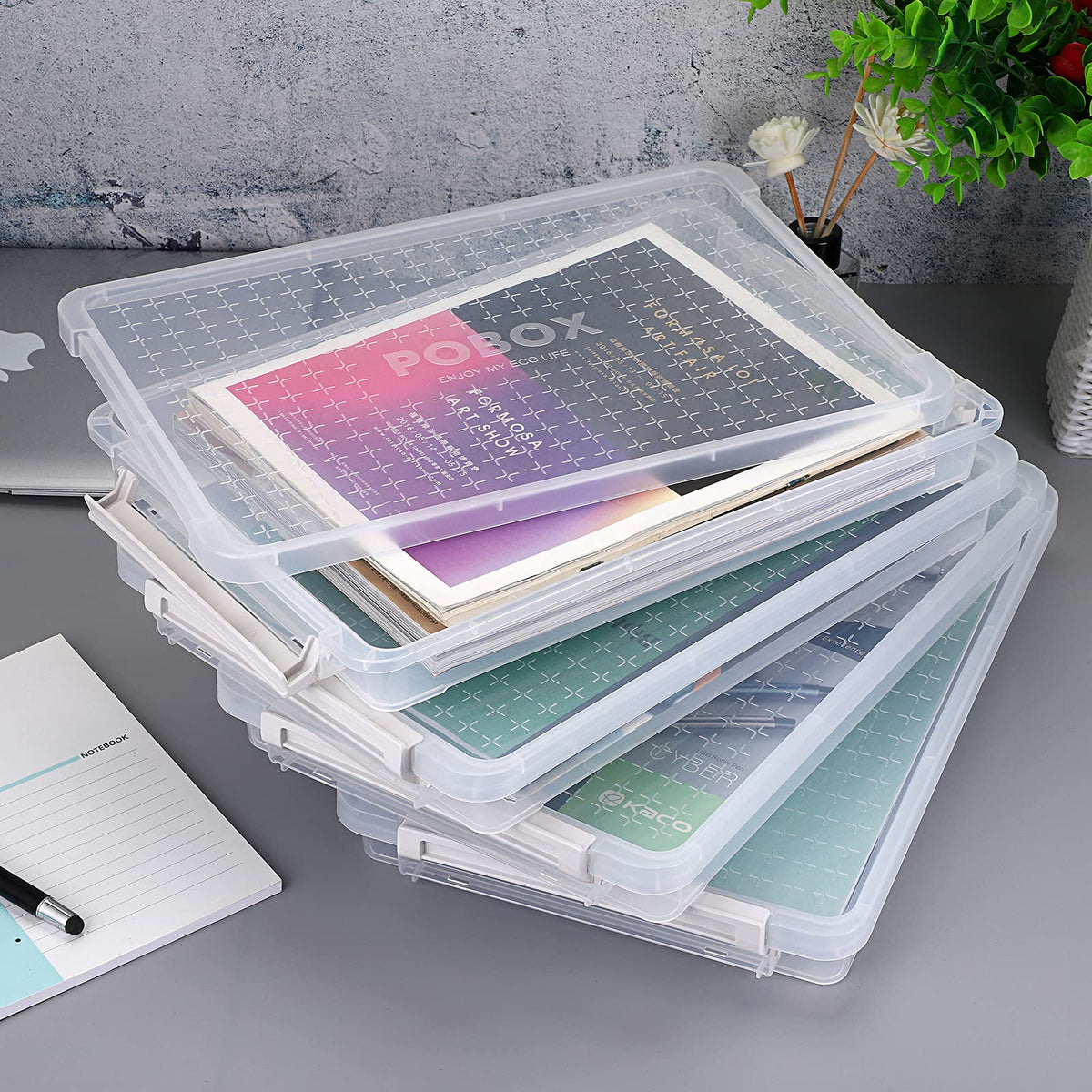 BTSKY 4 Pack A4 Plus Clear Plastic Stackable Storage Box Desk Paper Magazine Container with Buckle