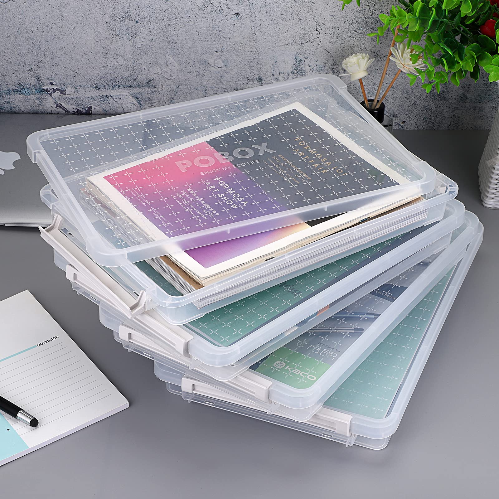BTSKY 4 Pack A4 Plus Clear Plastic Stackable Storage Box Desk Paper Magazine Container with Buckle