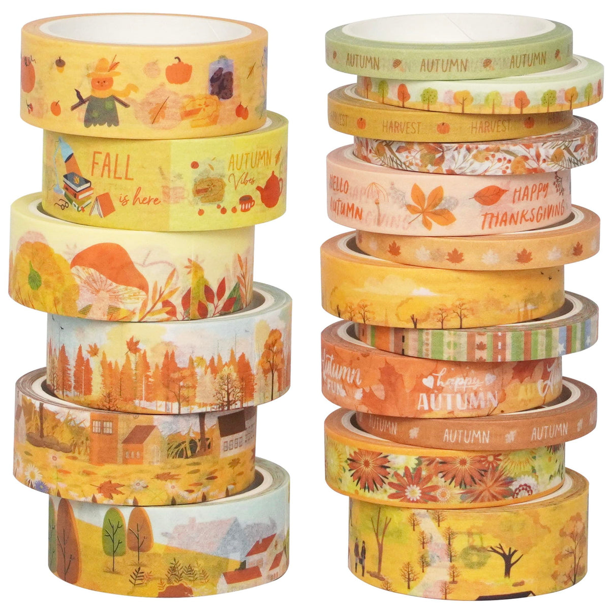 YUBX Autumn Washi Tape Set 18 Rolls Fall Printed Embellishment Yellow Decorative Masking Tapes for