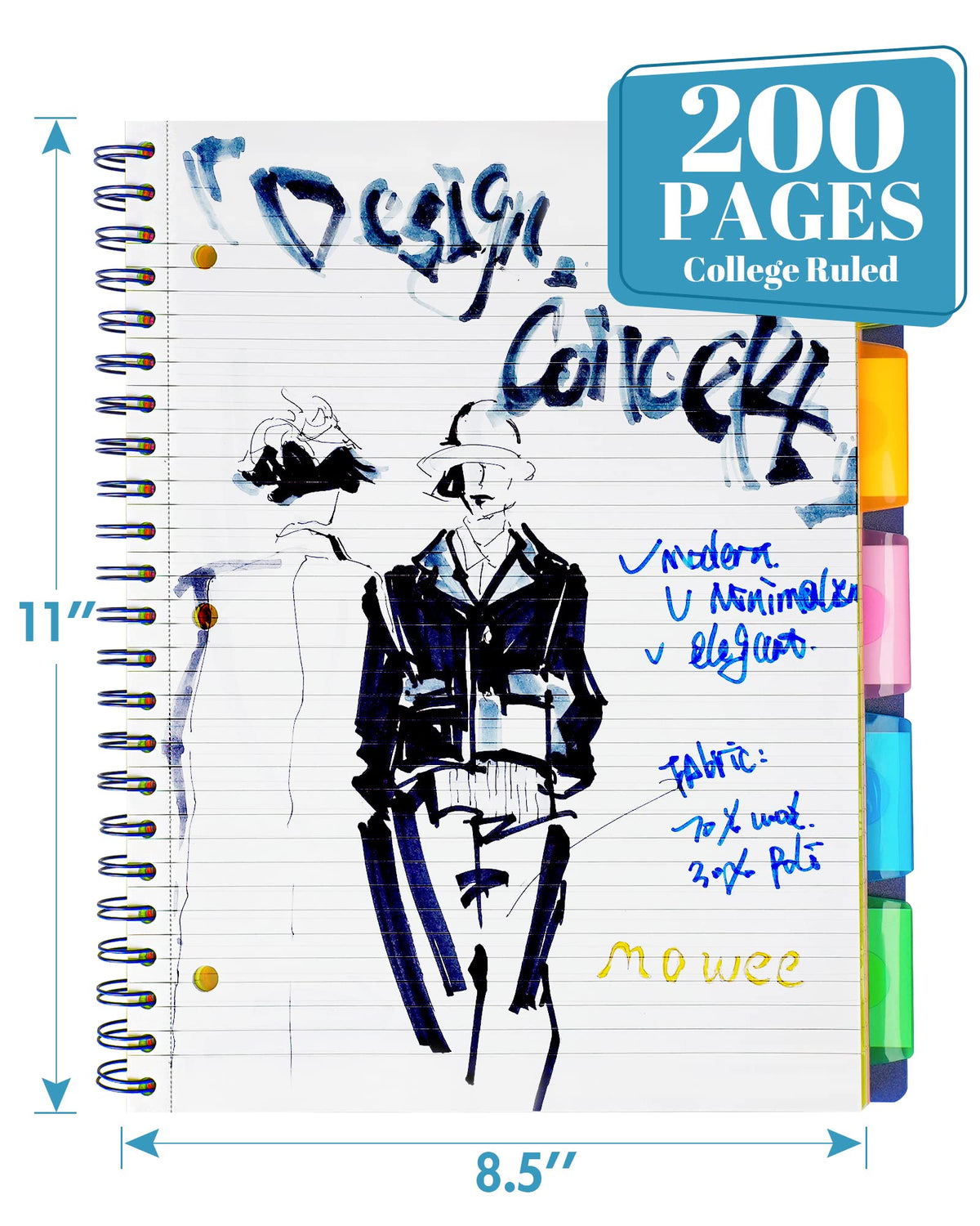 MOWEE 5-Subject Spiral Notebook, College Ruled, with Pocket & Tab Dividers