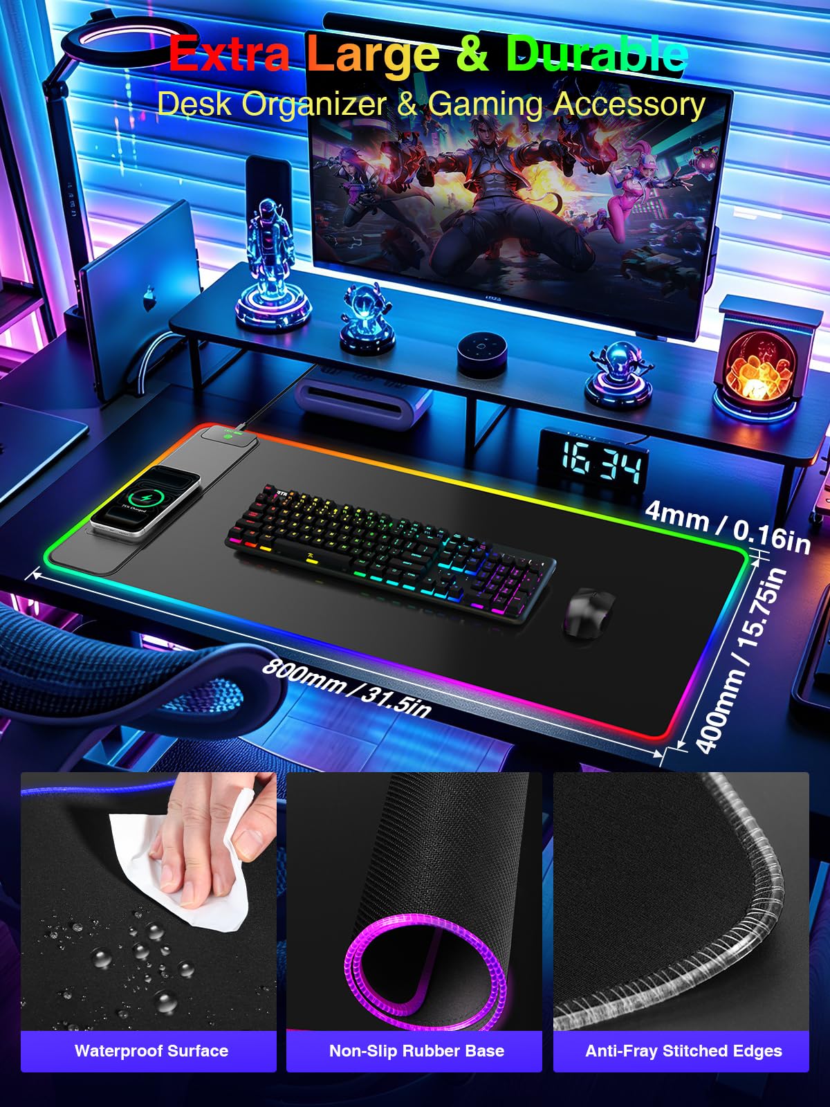 Wireless Charging Mouse Pad Gaming, 31.5"x15.8" Large Desk Mat, Waterproof