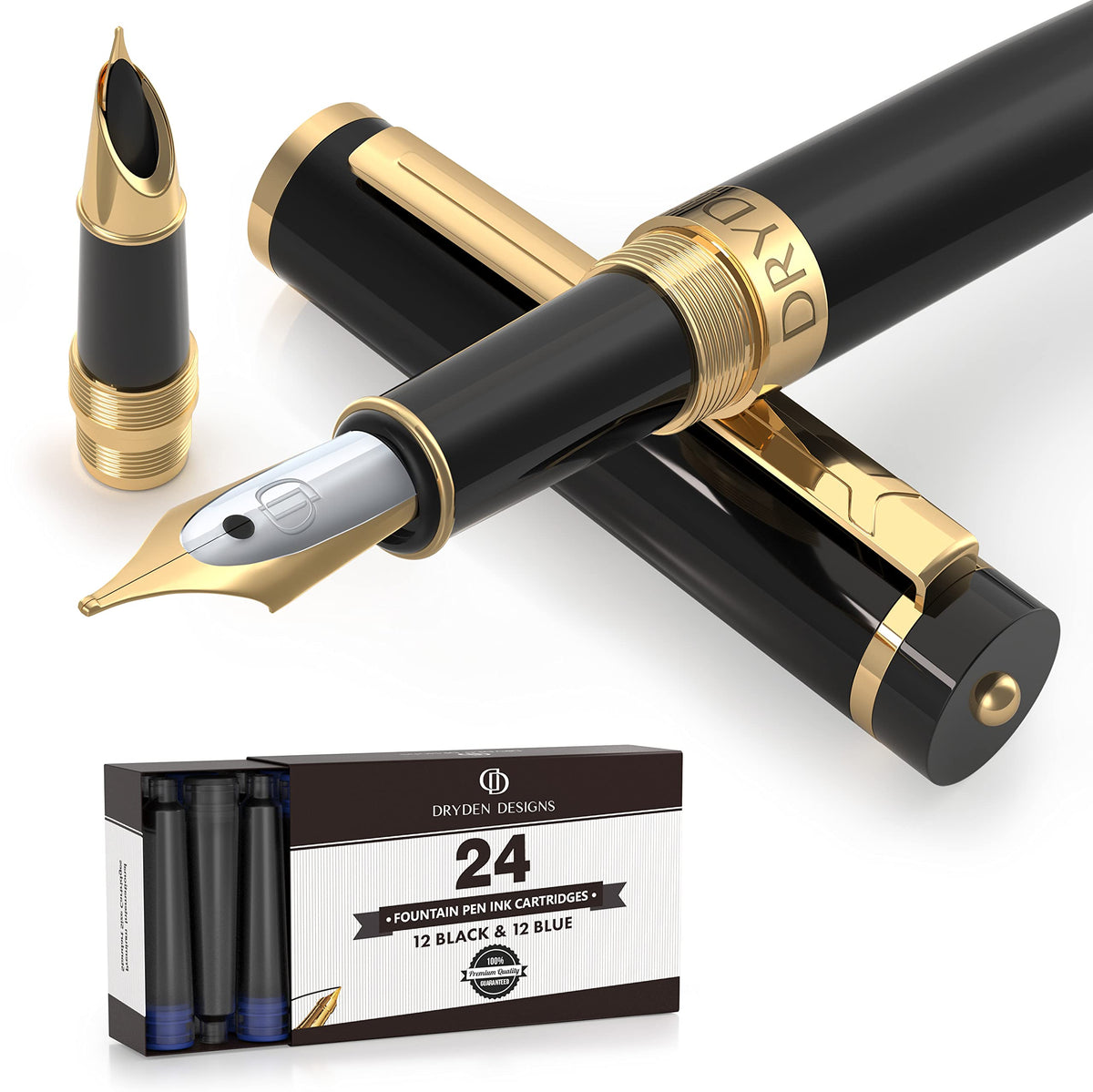 Dryden Designs Fountain Pen - Medium and Fine Nibs | Includes 24 Ink Cartridges and Ink Refill