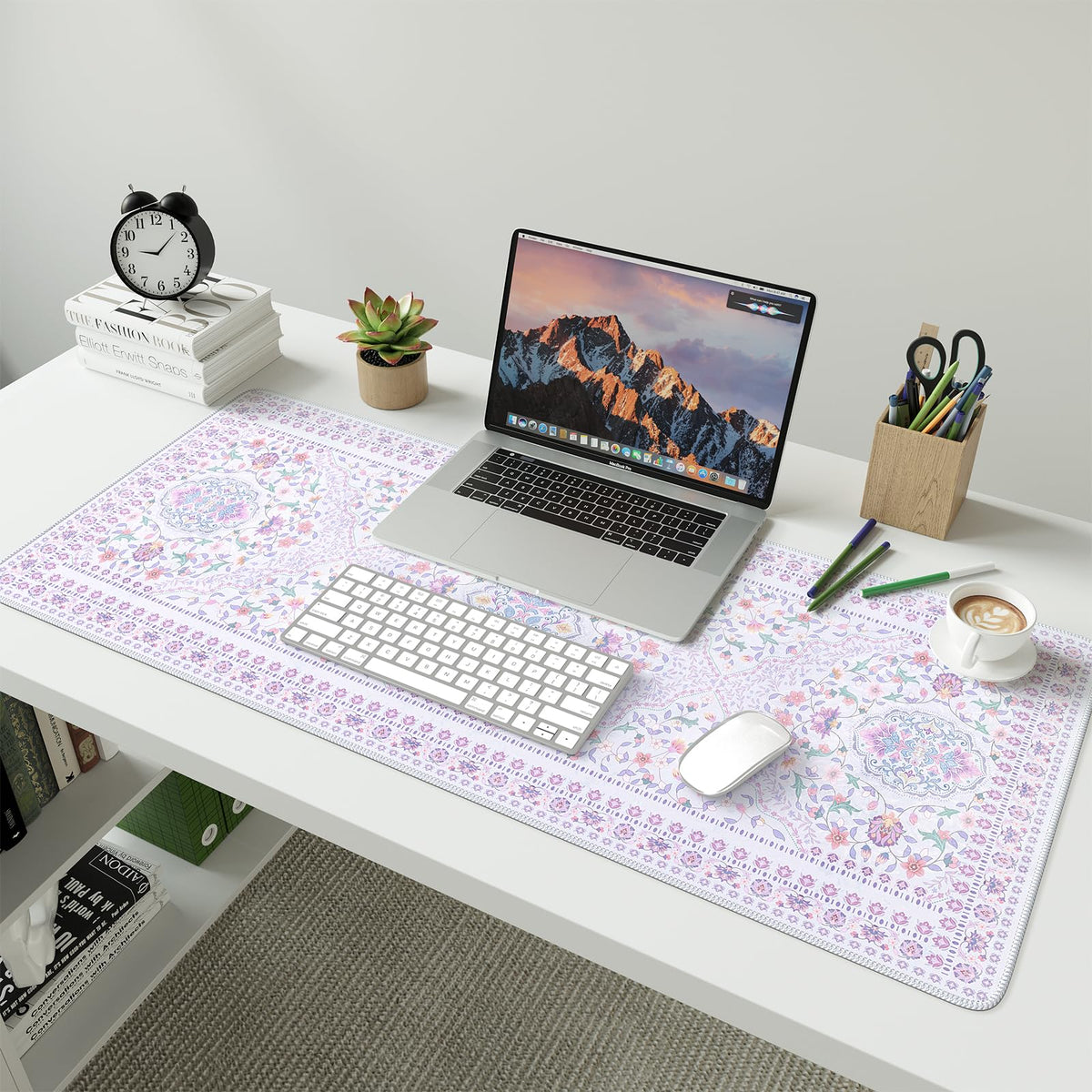 HAOCOO Purple Floral Desktop Mat, 35.4" x 15.7" Mouse Pad for Cubicle