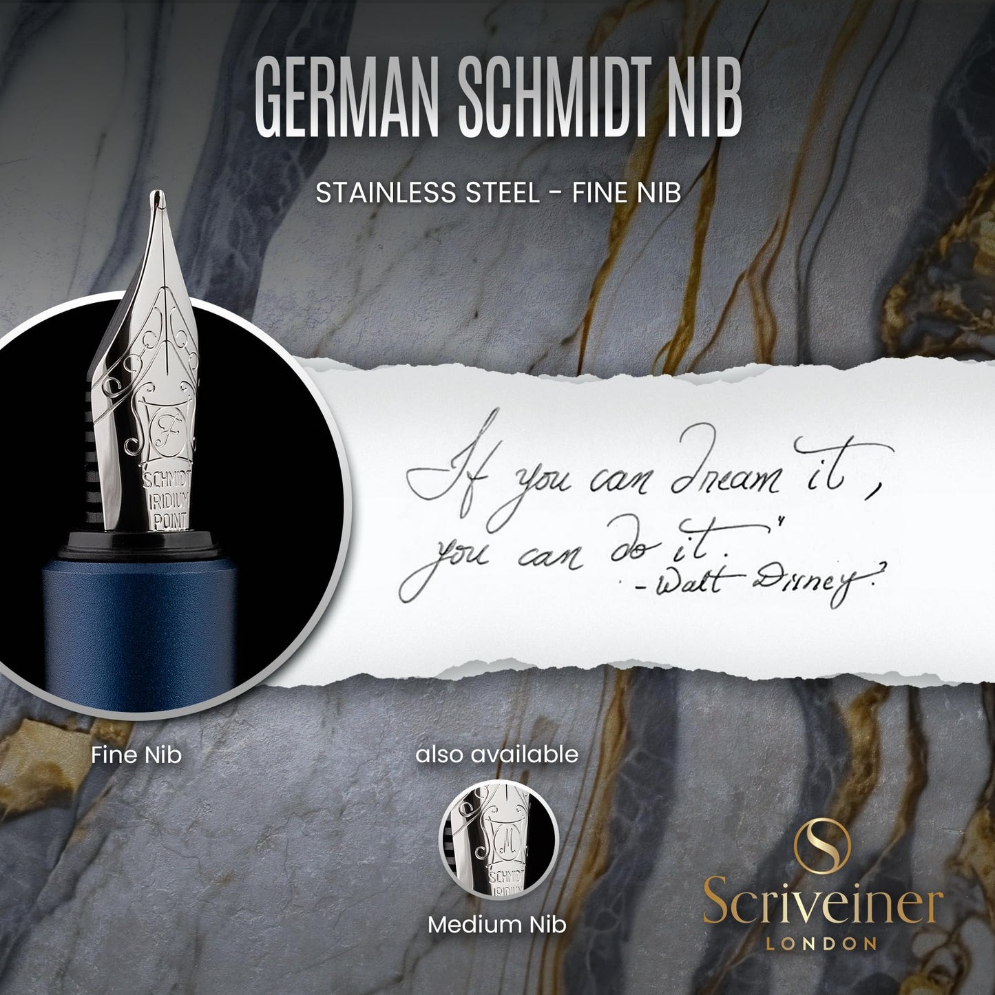 Scriveiner Luxury EDC Fountain Pen (Fine), Stunning Matt Blue Pocket Pen, Chrome Finish, Schmidt