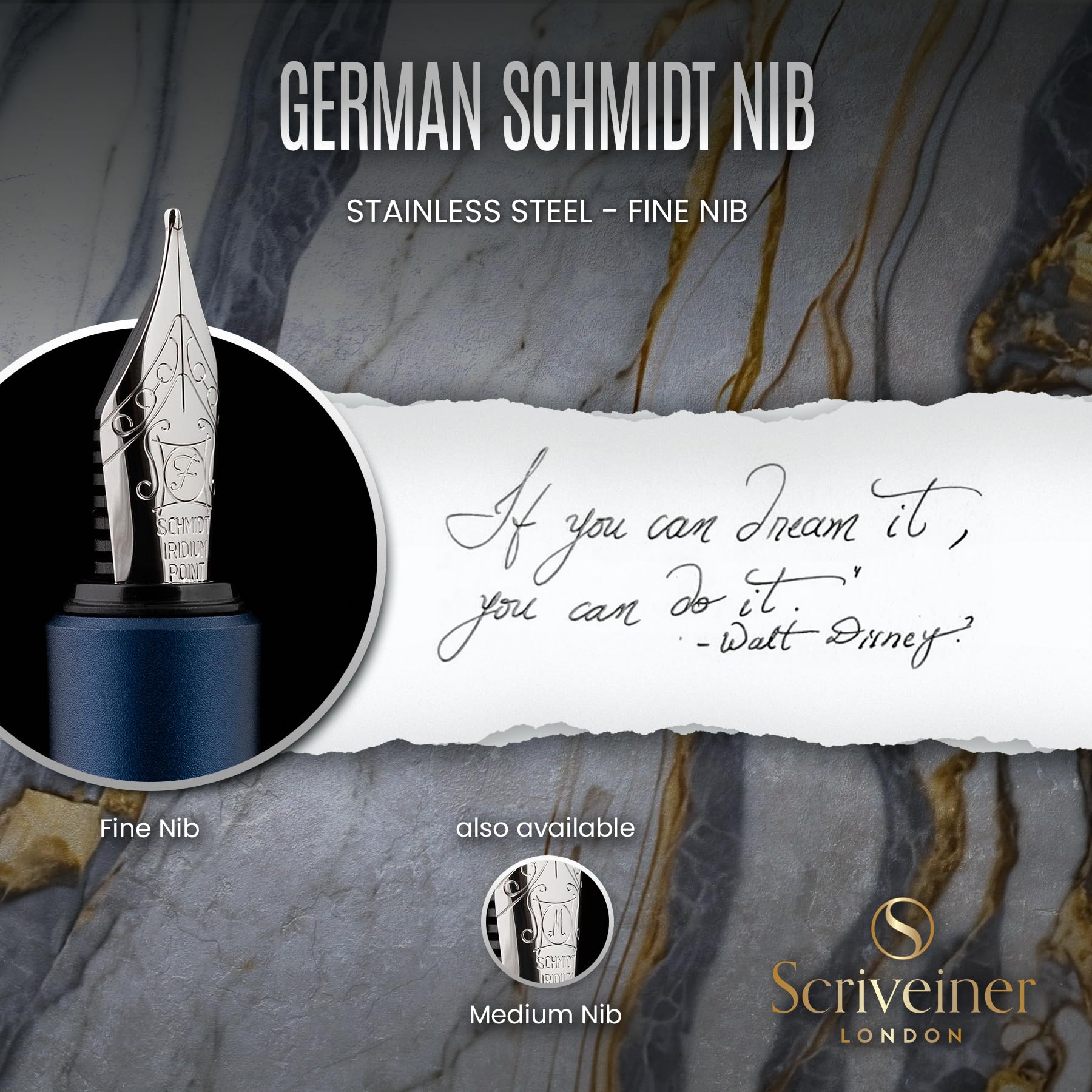 Scriveiner Luxury EDC Fountain Pen (Fine), Stunning Matt Blue Pocket Pen, Chrome Finish, Schmidt