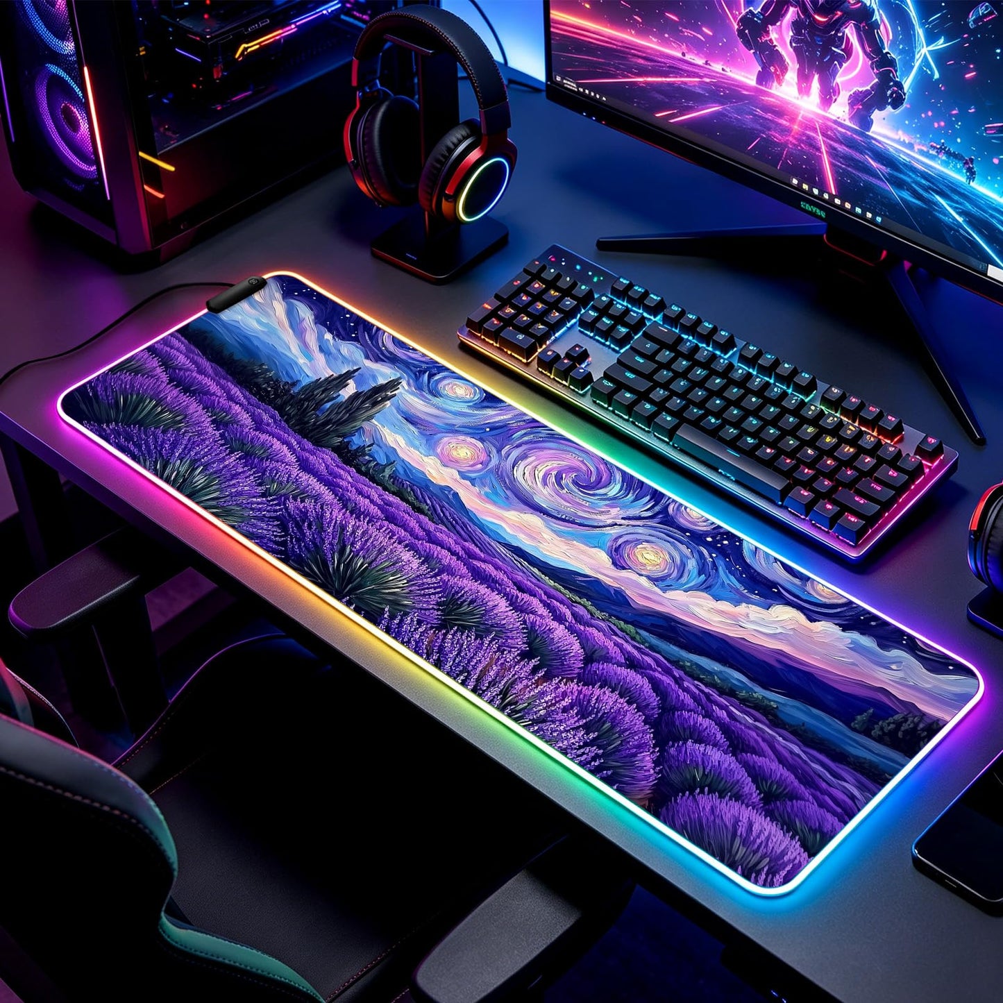 JIANG100 RGB Lavender Field Starry Night Gaming Desk Mat & Mouse Pad, XL