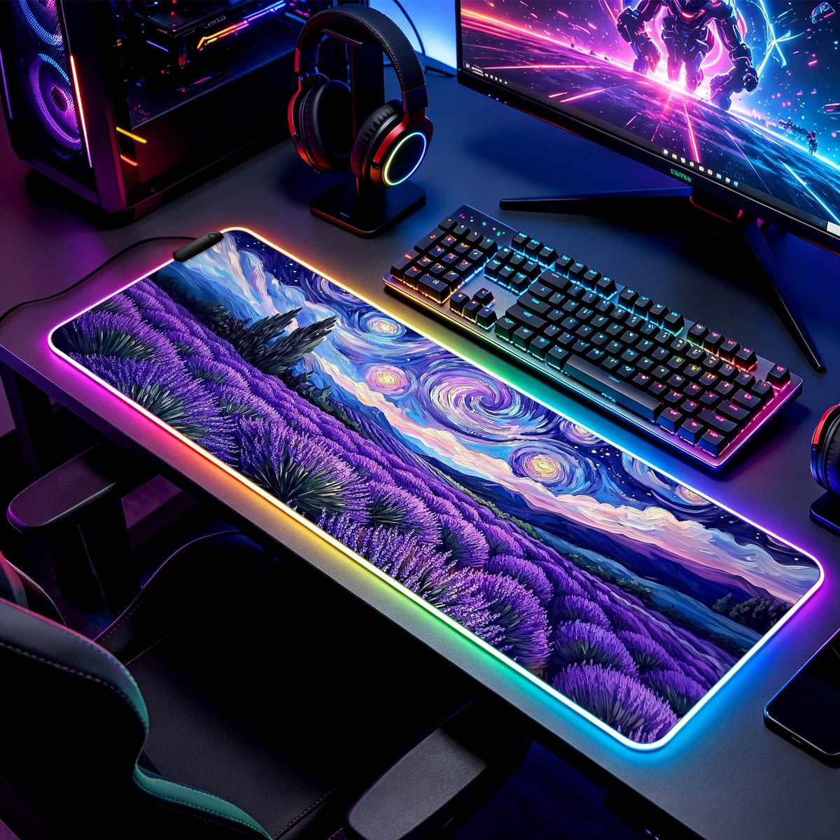 JIANG100 RGB Lavender Field Starry Night Gaming Desk Mat & Mouse Pad, XL