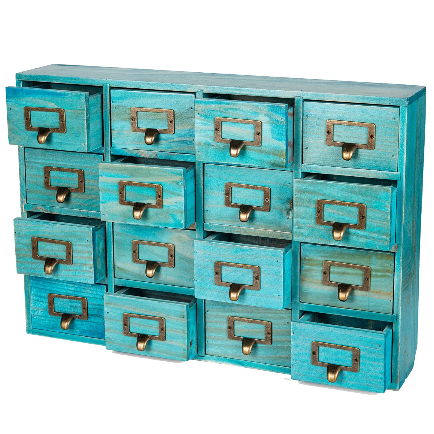 Teal 16-Slot Wooden Drawer Unit - Country Style Desk Organizer Box - 20"x3.6”x14” Wooden Storage