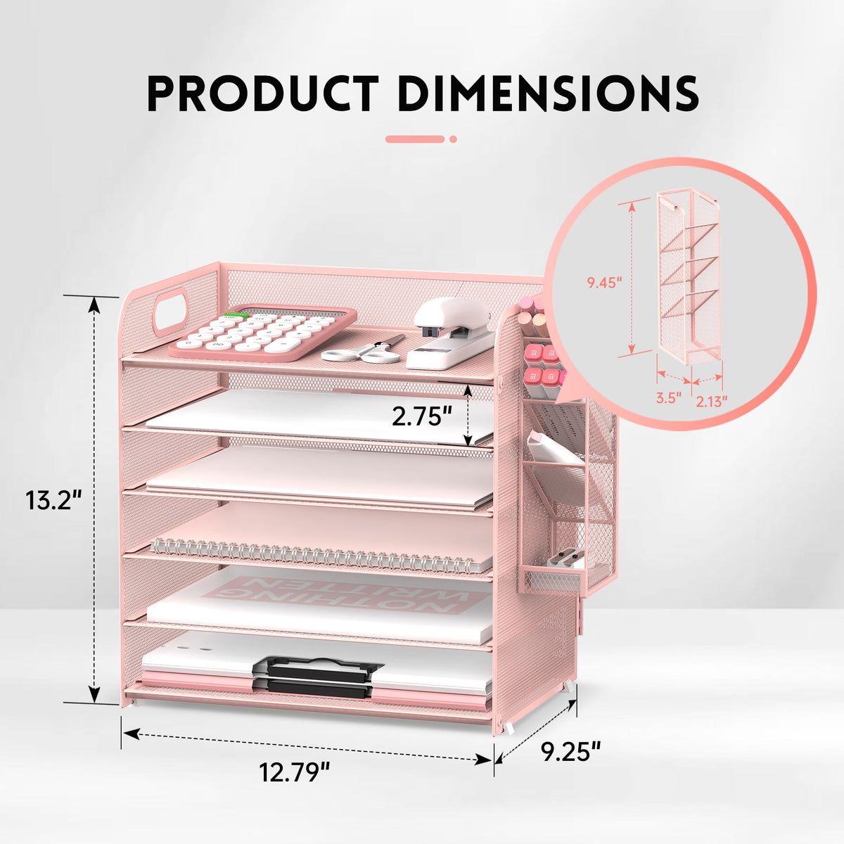 Supeasy 6 Tier Desk Organizer with 4 Pen Holders & Mesh Paper Trays Pink