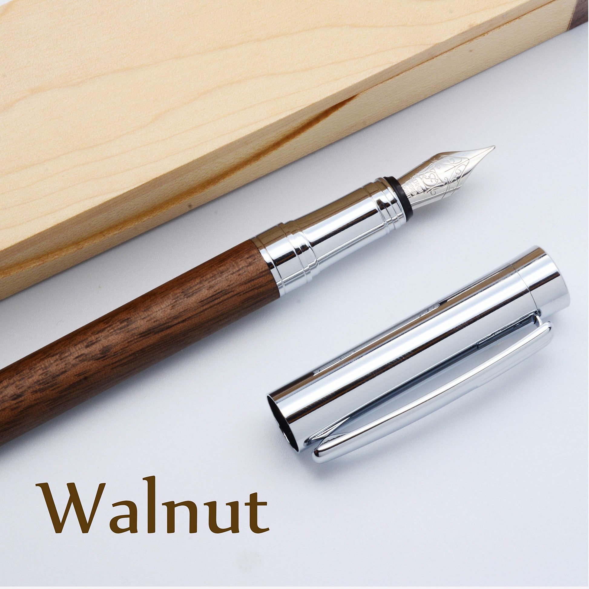 LACHIEVA LUX Walnut Fountain Pen, German Fine Nib, Smooth Ink Flow, Wooden Gift Box with Converter
