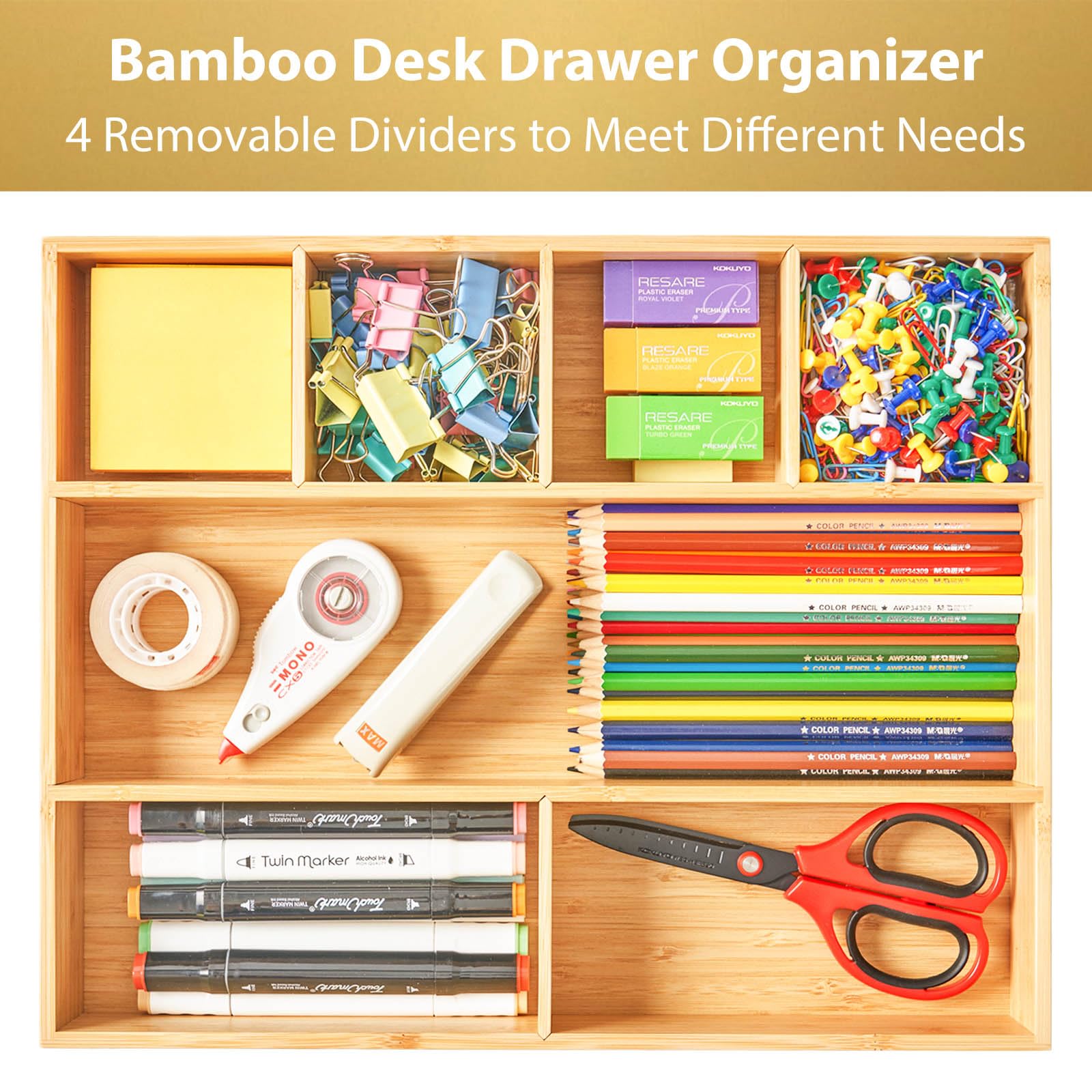 Umilife Large Bamboo Desk Drawer Organizer, Wood Office Junk Tray, 15"x12"