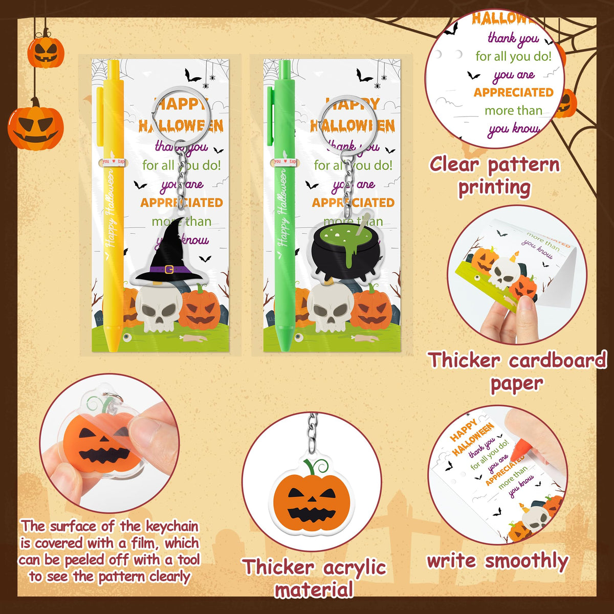 ANGOLIO Halloween Party Favors, 30 Sets Ballpoint Pens Bookmarks Keychains