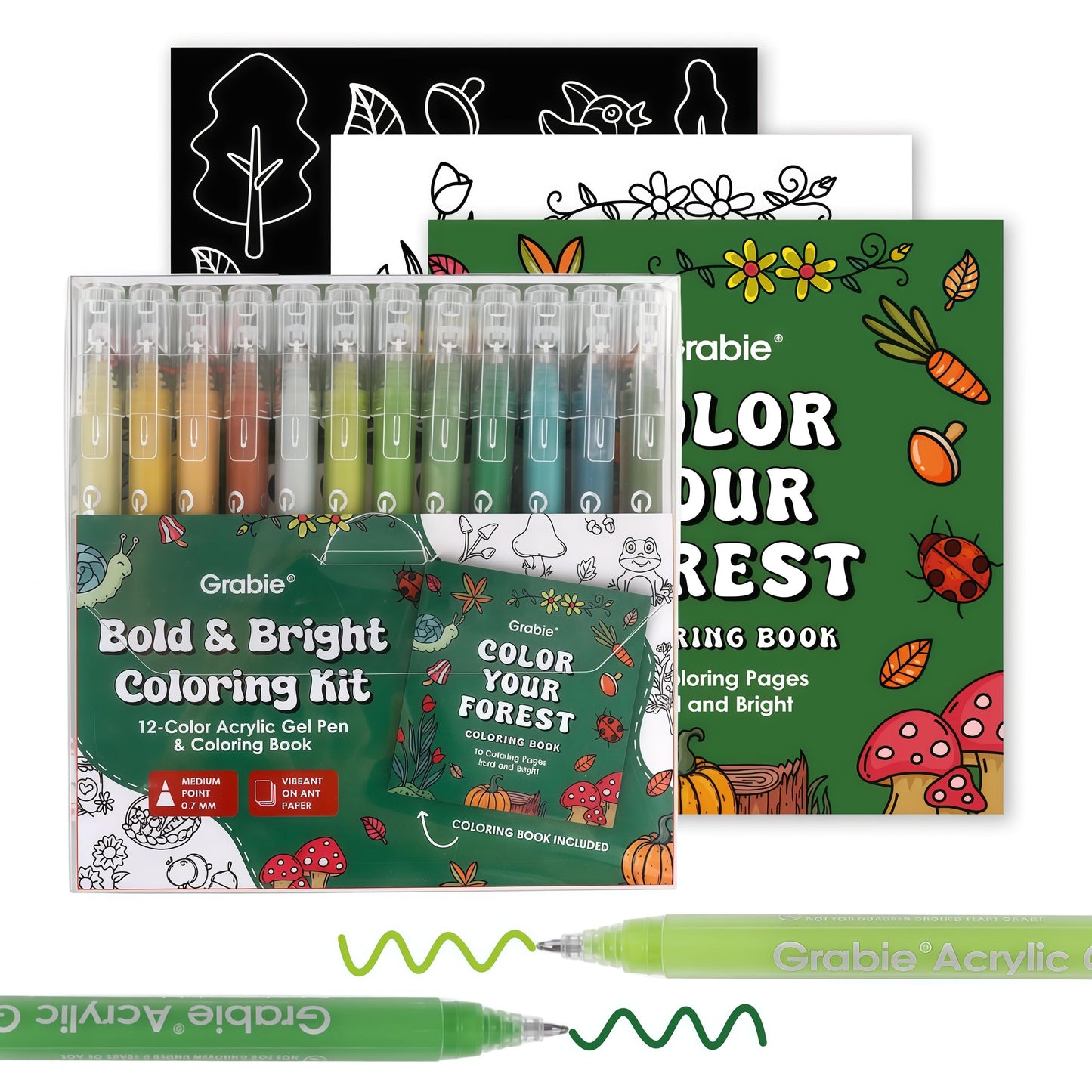 Grabie Acrylic Gel Pens Coloring Kit with Book, Pack of 12 Forest Colors