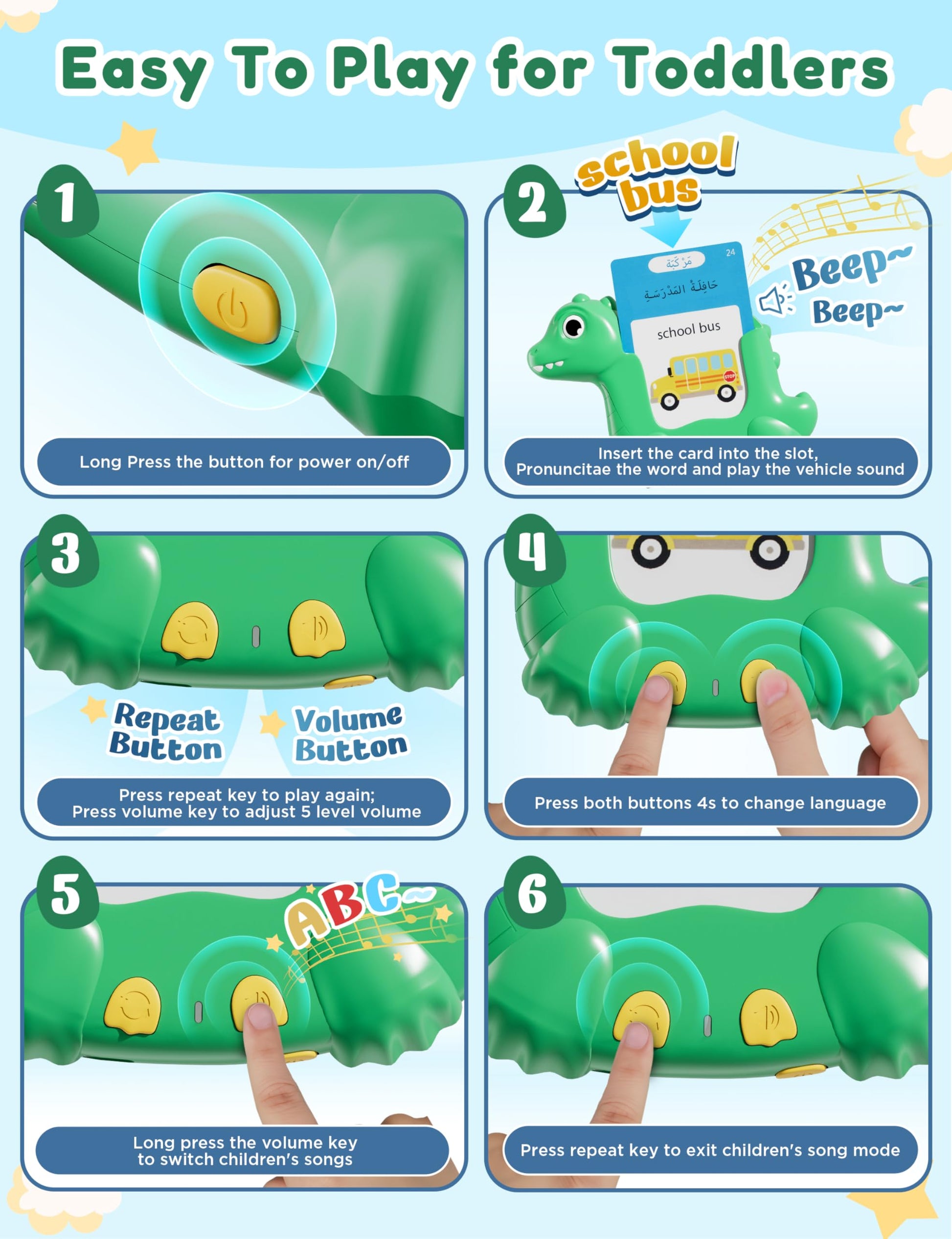 Arabic and English Talking Flash Cards for Kids, 510 Words, Dino Shaped