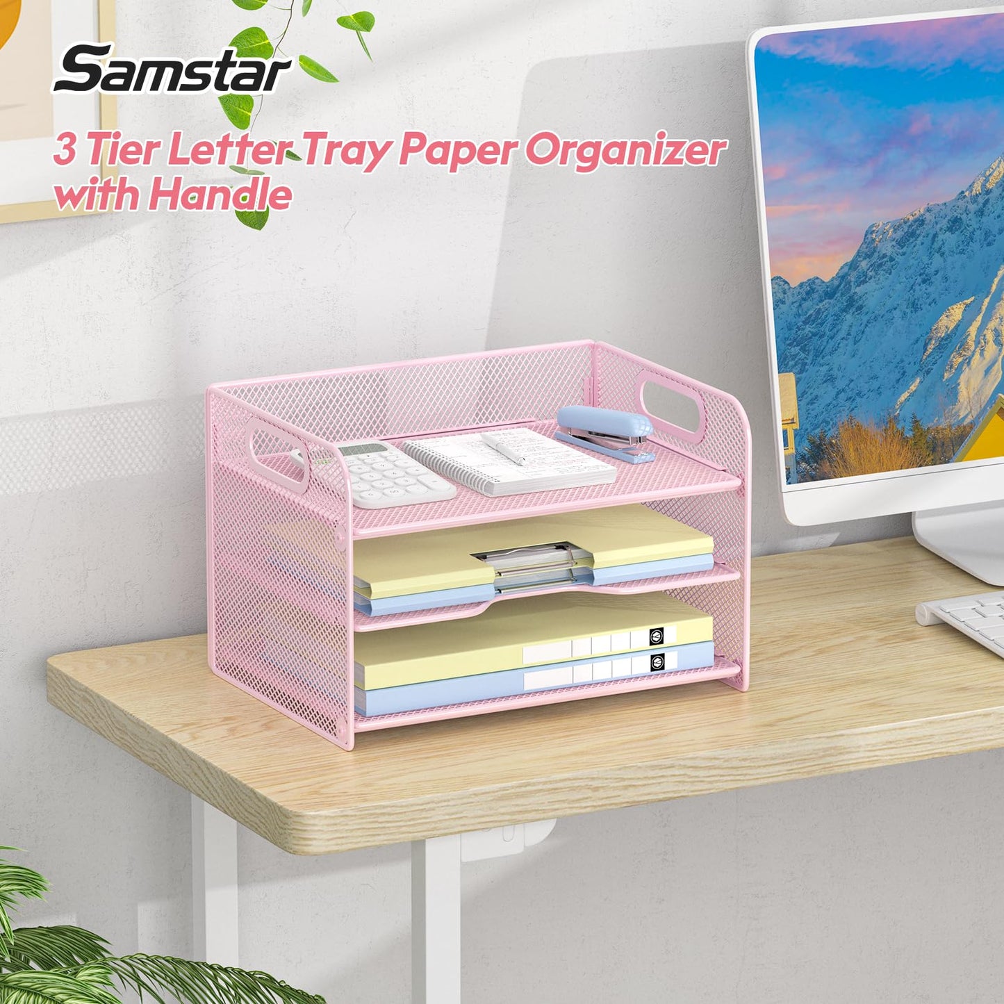 Samstar 3 Tier Pink Letter Tray Paper Organizer with Handle, Mesh Desk Organizer Paper Sorter File