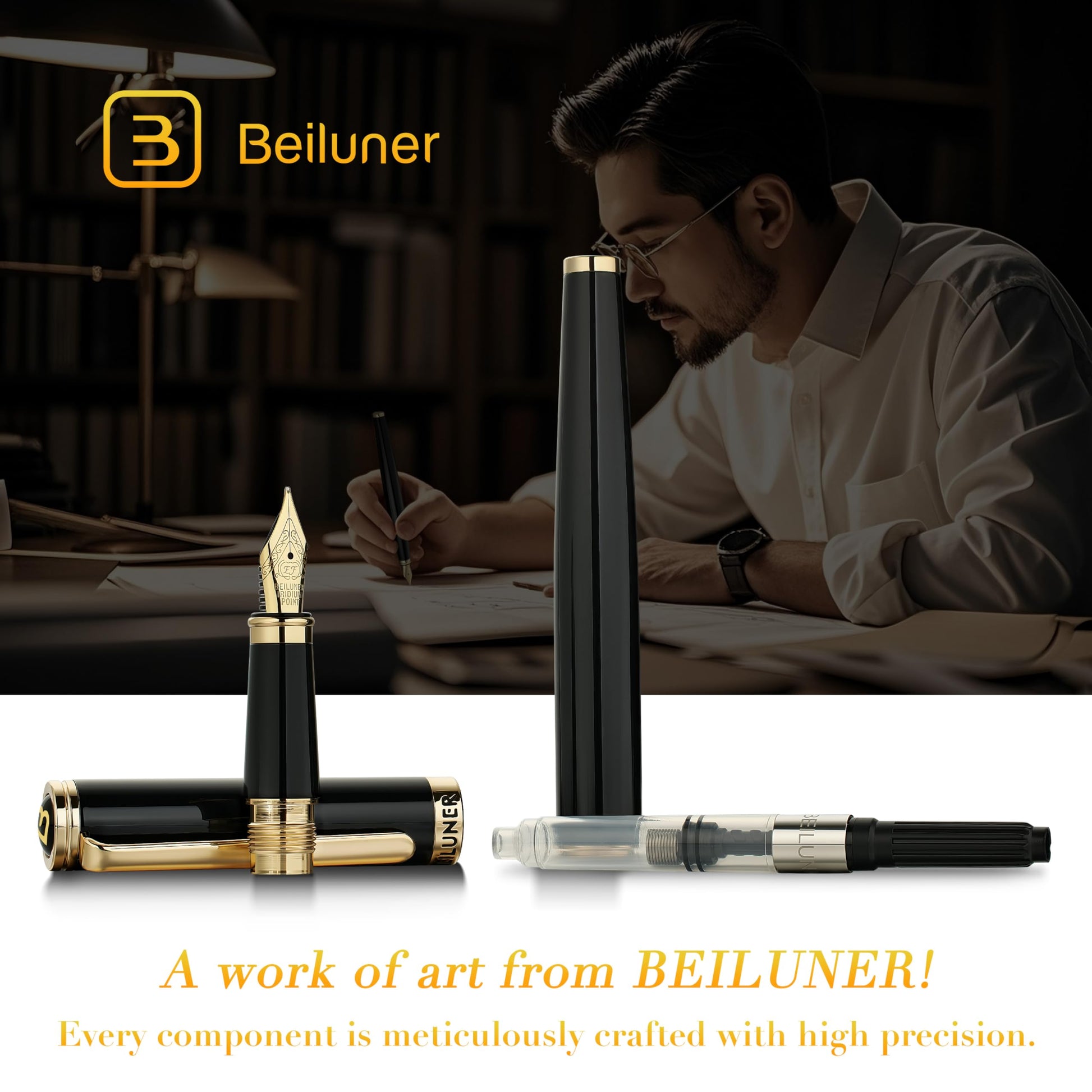 BEILUNER Black Fountain Pen,Stunning Luxury Pens with 24K Gold Accents, Gorgeous 24K Gilded
