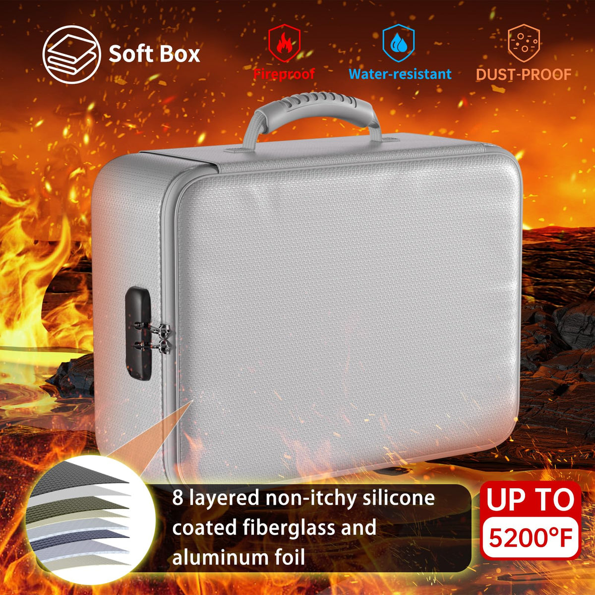 DocSafe 5200°F Fireproof Document Organizer Box with Lock, Silver (Soft)
