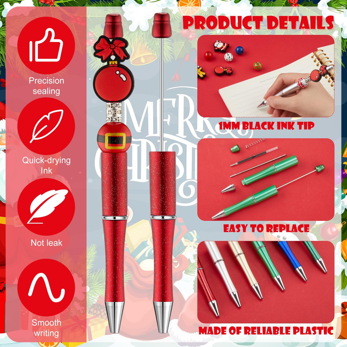 Ctosree 36 Sets Christmas Beadable Pens Beads Black Ink